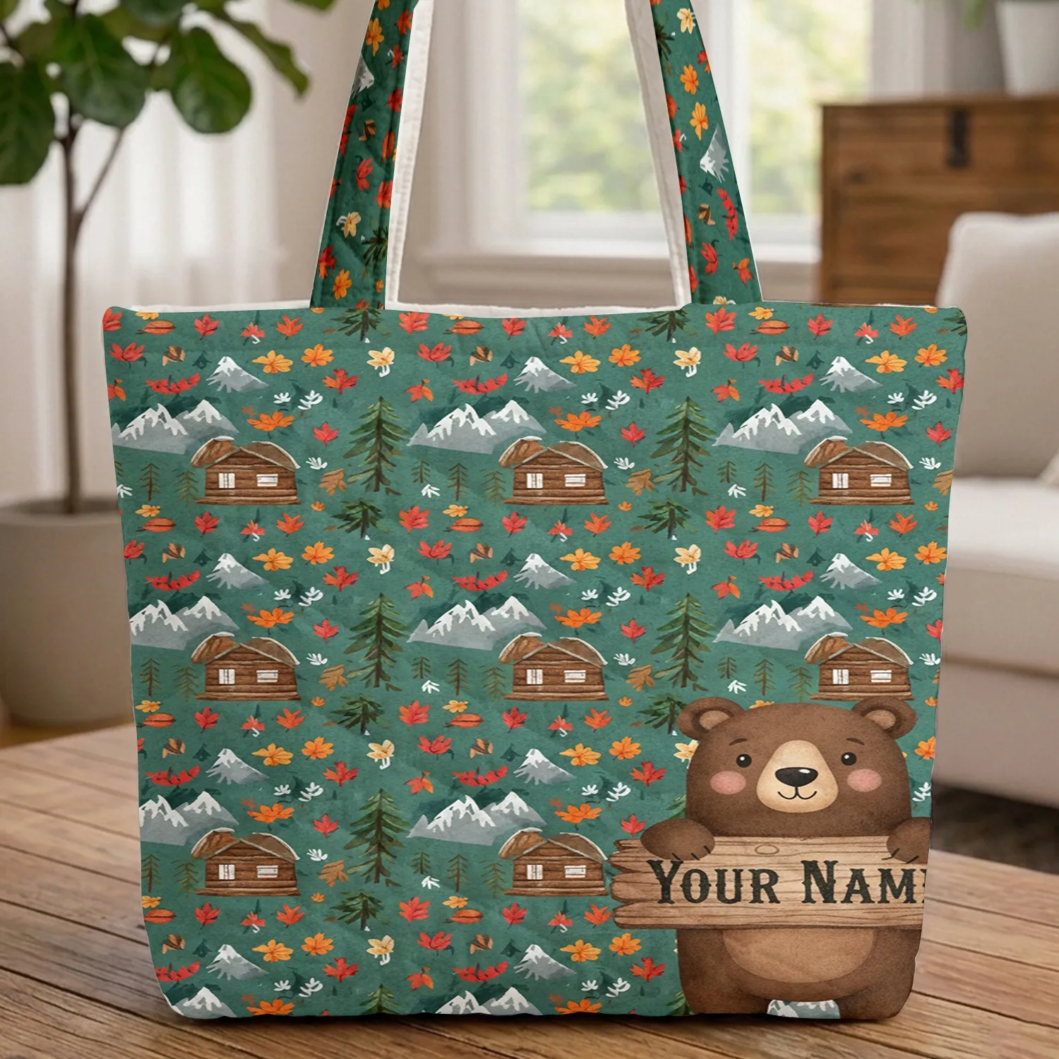 Brown Bear Name Sign Pine Forest Autumn Leaves Mountain - Wildlife Lover Gift Quilted Tote Bag - 1
