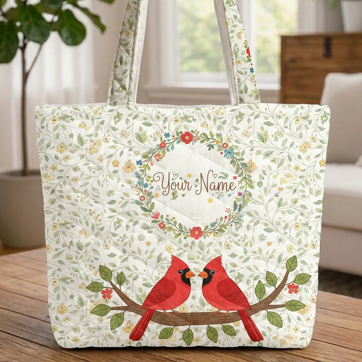 Red Cardinal Birds Floral Wreath Name - Nature Lover Everyday Tote Gift Quilted Tote Bag - 1