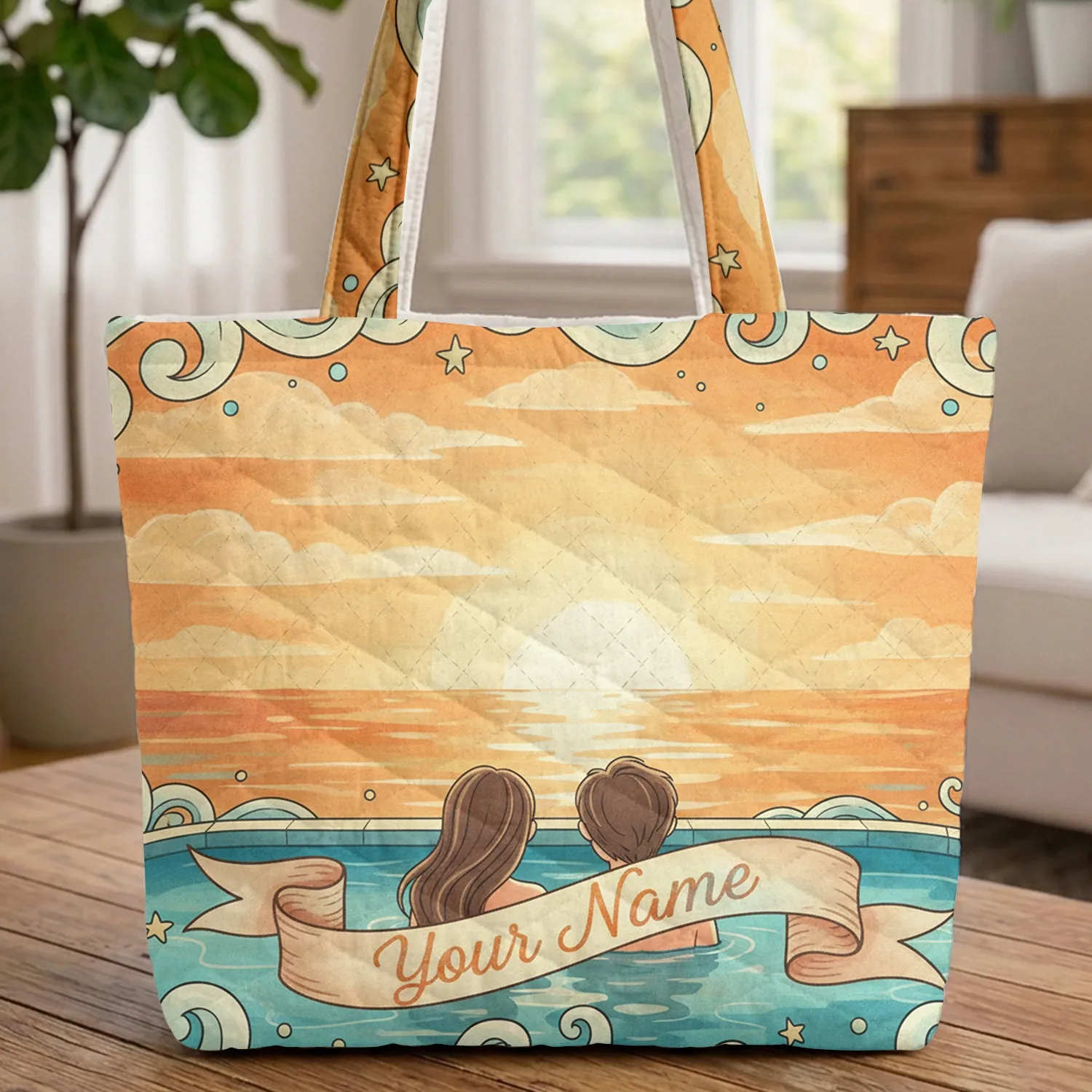 Couple Pool Sunset Ocean Name Ribbon - Romantic Gift for Lovers Quilted Tote Bag - 1