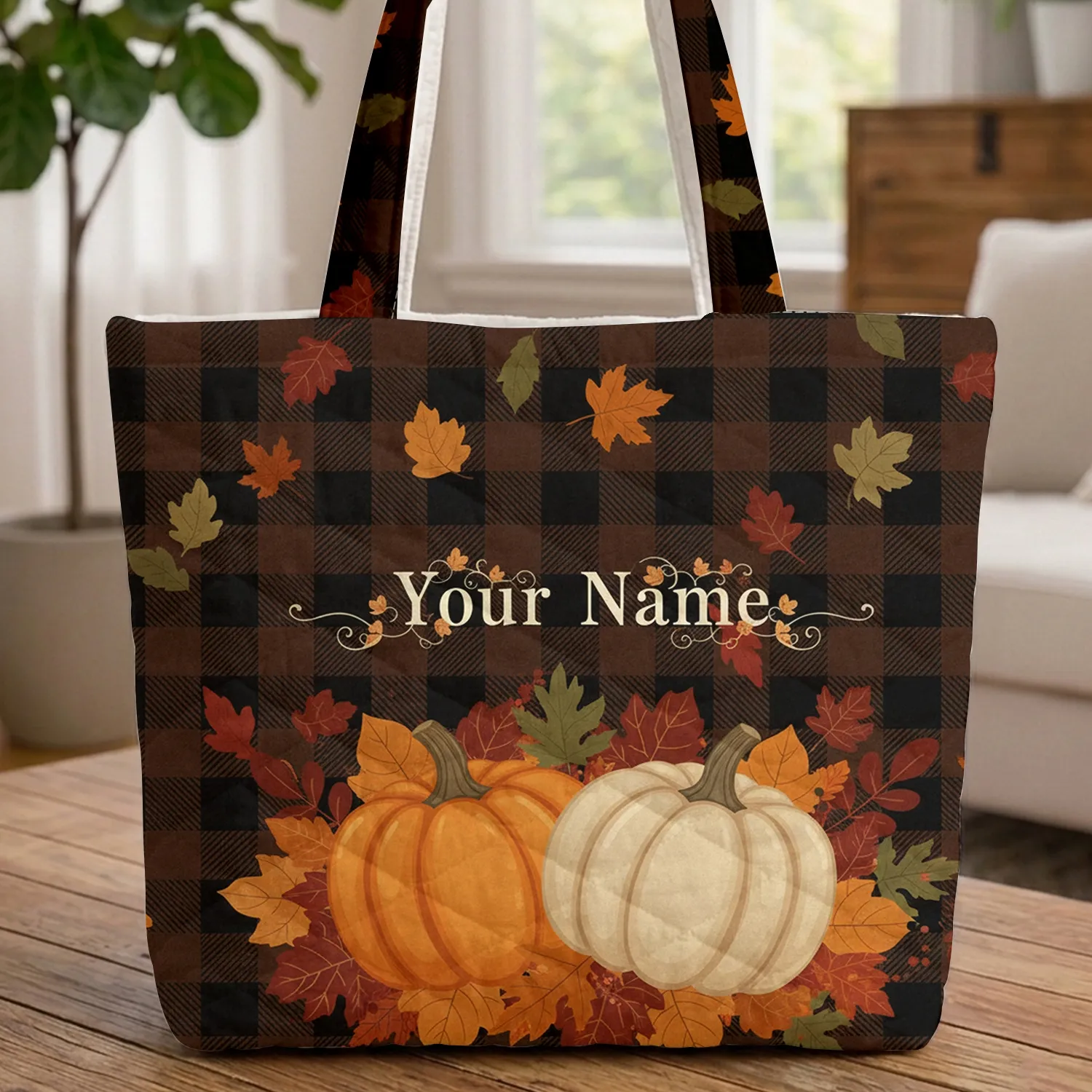 Rustic Plaid Richly Colored Personalized Name Pumpkins Autumn Leaves - Fall Season Gift Quilted Tote Bag - 1