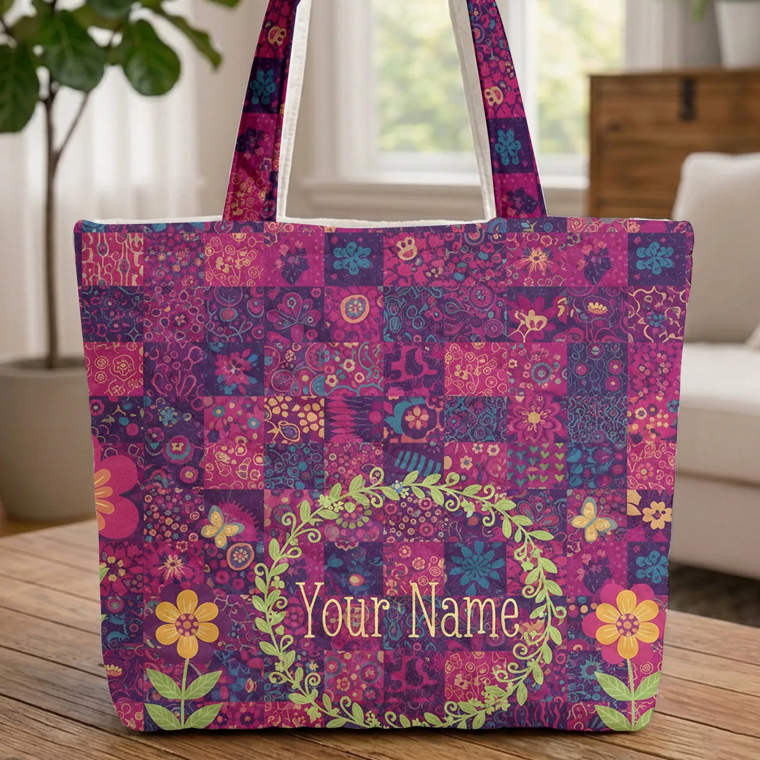 Personalized Name Floral Wreath Tapestry Flowers Butterflies Everyday Carry Gift Quilted Tote Bag - 1