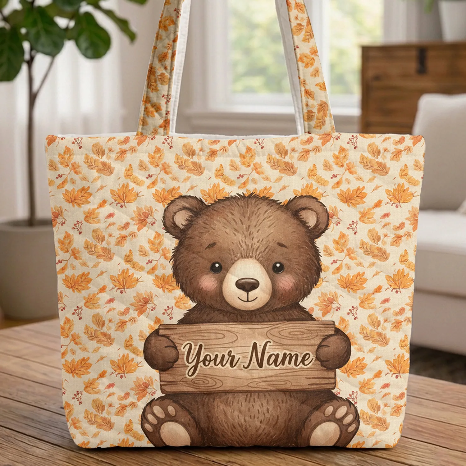 Adorable Bear Cub Your Name Wooden Sign - Autumn Leaves Berries Fall Home Decor Gift Quilted Tote Bag - 1