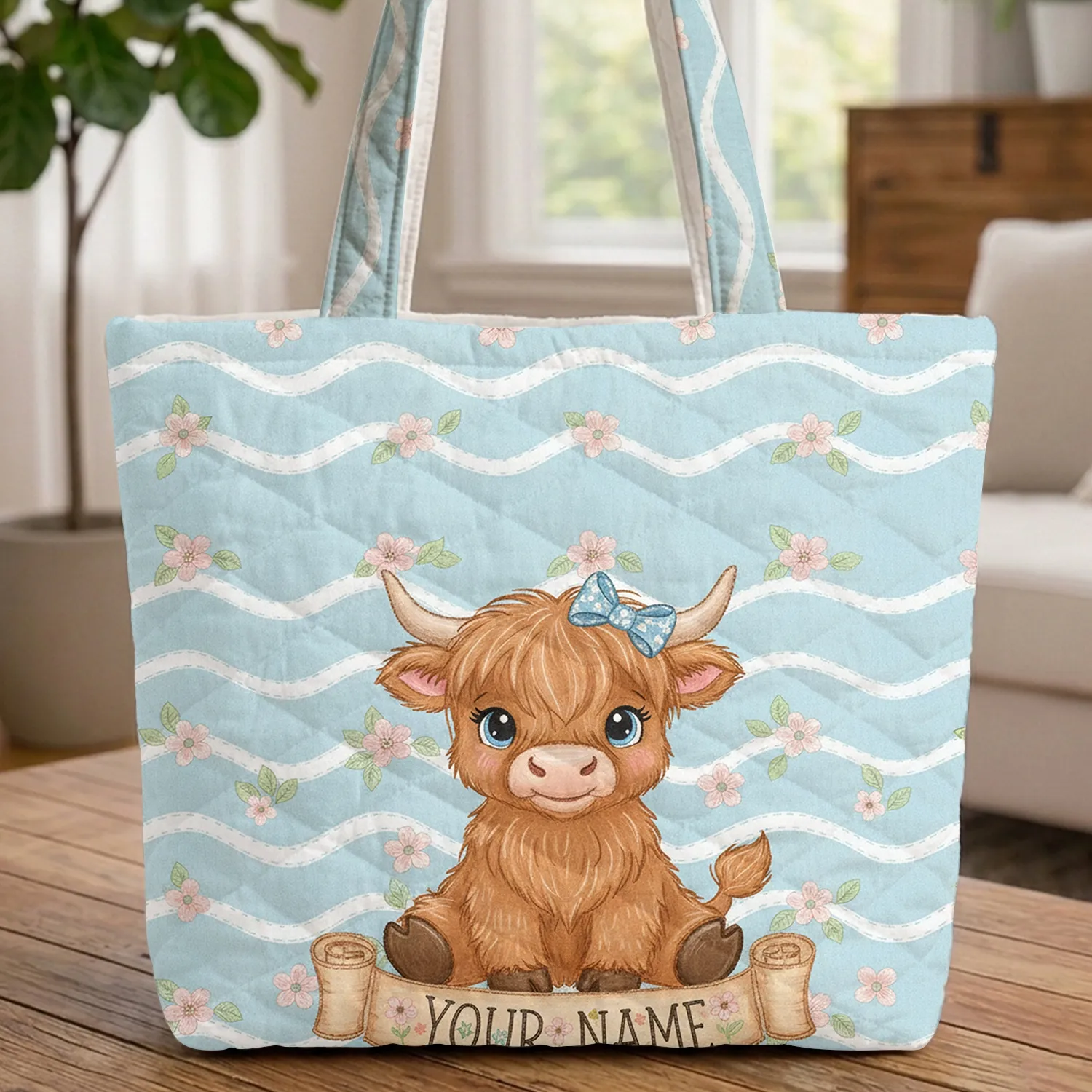 Highland Cow Floral Name Banner - Farmhouse Home Decor Gift for Cow Lover Quilted Tote Bag - 1