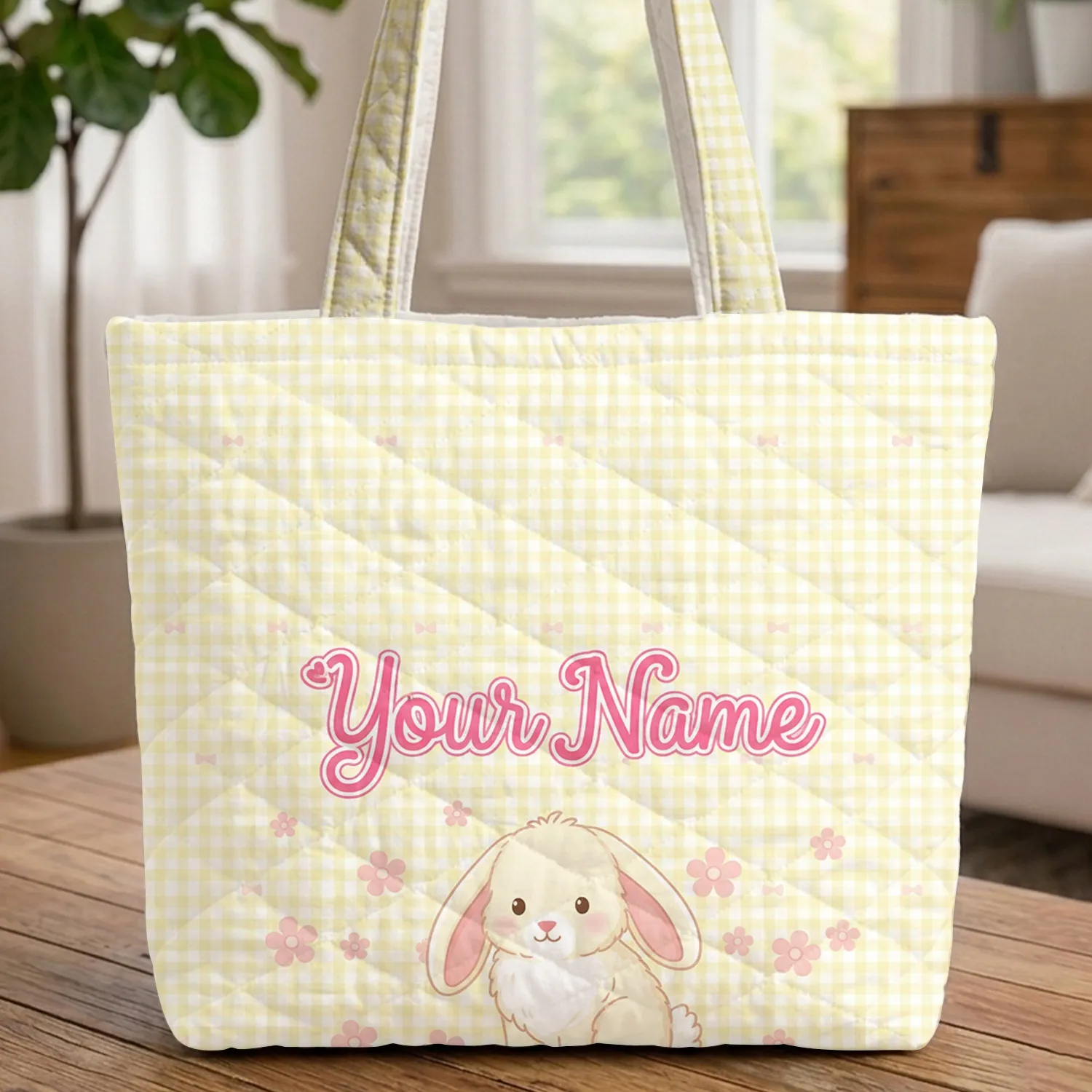 Bunny Personalized Name Gingham Bows Flowers - Everyday Carry Gift Quilted Tote Bag - 1