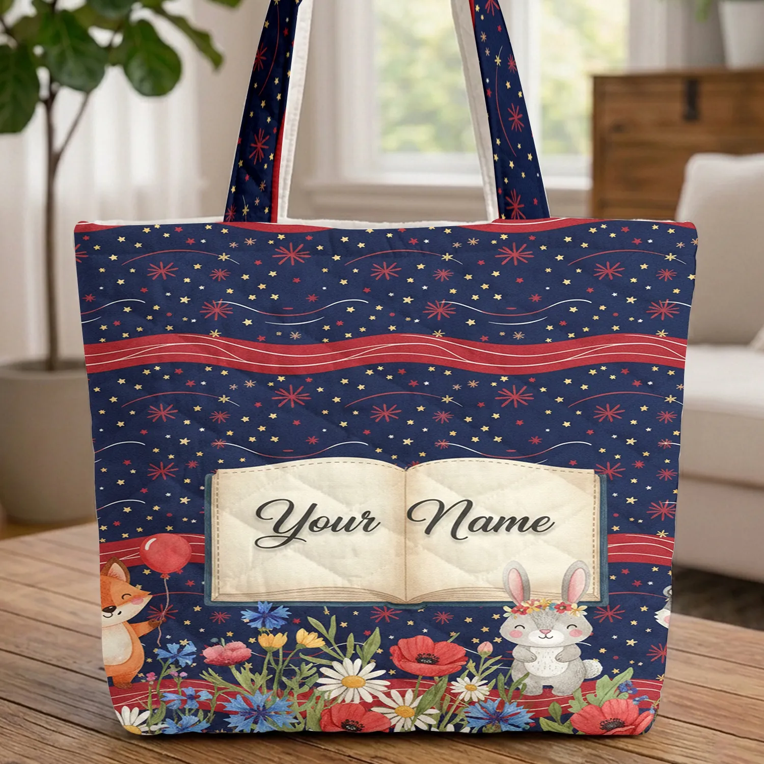 Garden Wildflower Bouquet Personalized Book Stars Stripes - American Independence Day Gift Quilted Tote Bag - 1