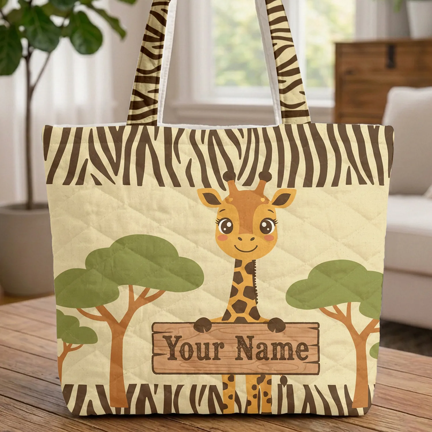 Bold Zebra Stripe Giraffe Acacia Trees - Wildlife Lover Gift Quilted Tote Bag - 1