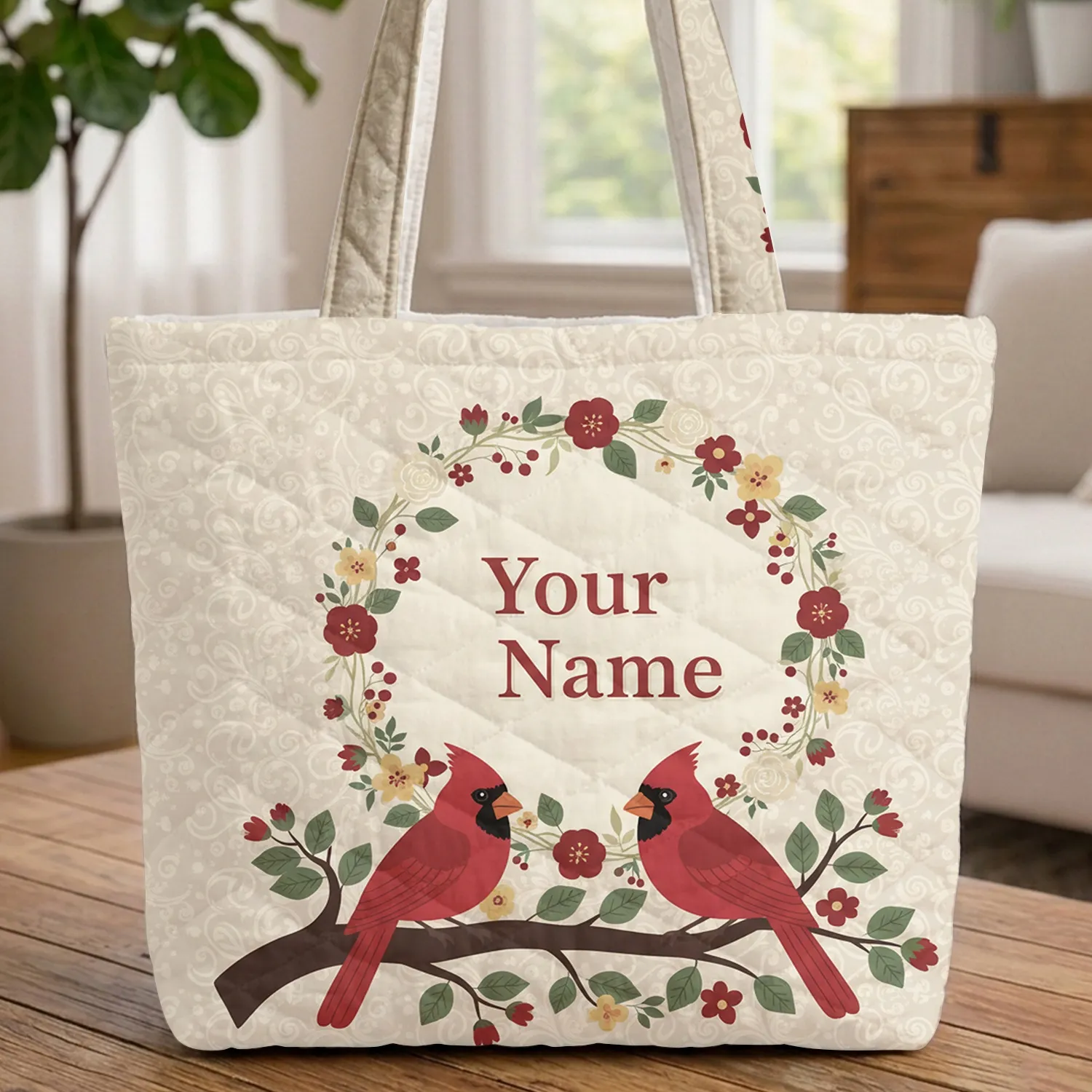 Two Adorable Red Cardinals Tree Branch Floral Wreath Personalized - Wildlife Lover Gift Quilted Tote Bag - 1