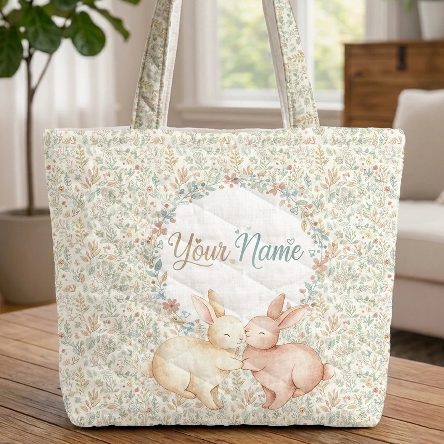 Hugging Nuzzling Bunnies Wildflower Garden Wreath Heart Accents Nature Lover Gift Quilted Tote Bag - 1