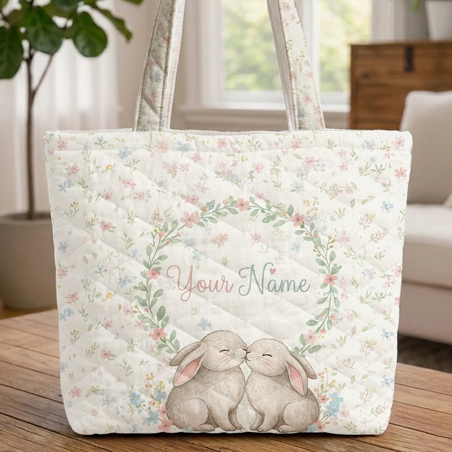 Nuzzling Bunnies Wildflower Leaf Garland Wreath - Personalized Name Everyday Gift Quilted Tote Bag - 1