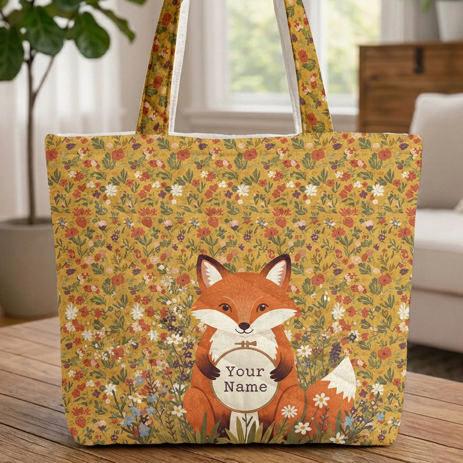 Personalized Fox Wildflower Cross Stitch - Farmhouse Decor Gift for Fox Lover Quilted Tote Bag - 1