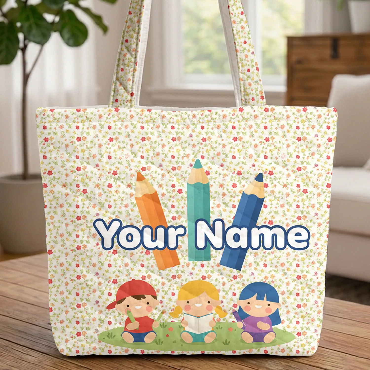 Colorful Pencils Your Name Tiny Flowers Berries Small Leaves - Everyday Essentials Tote Gift Quilted Tote Bag - 1