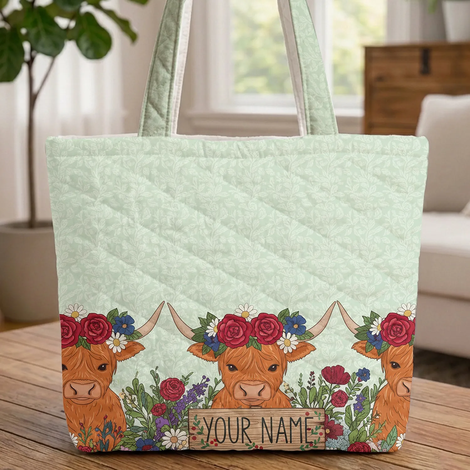 Highland Cow Wildflower Garden Personalized Sign - Farmhouse Decor Gift Quilted Tote Bag - 1