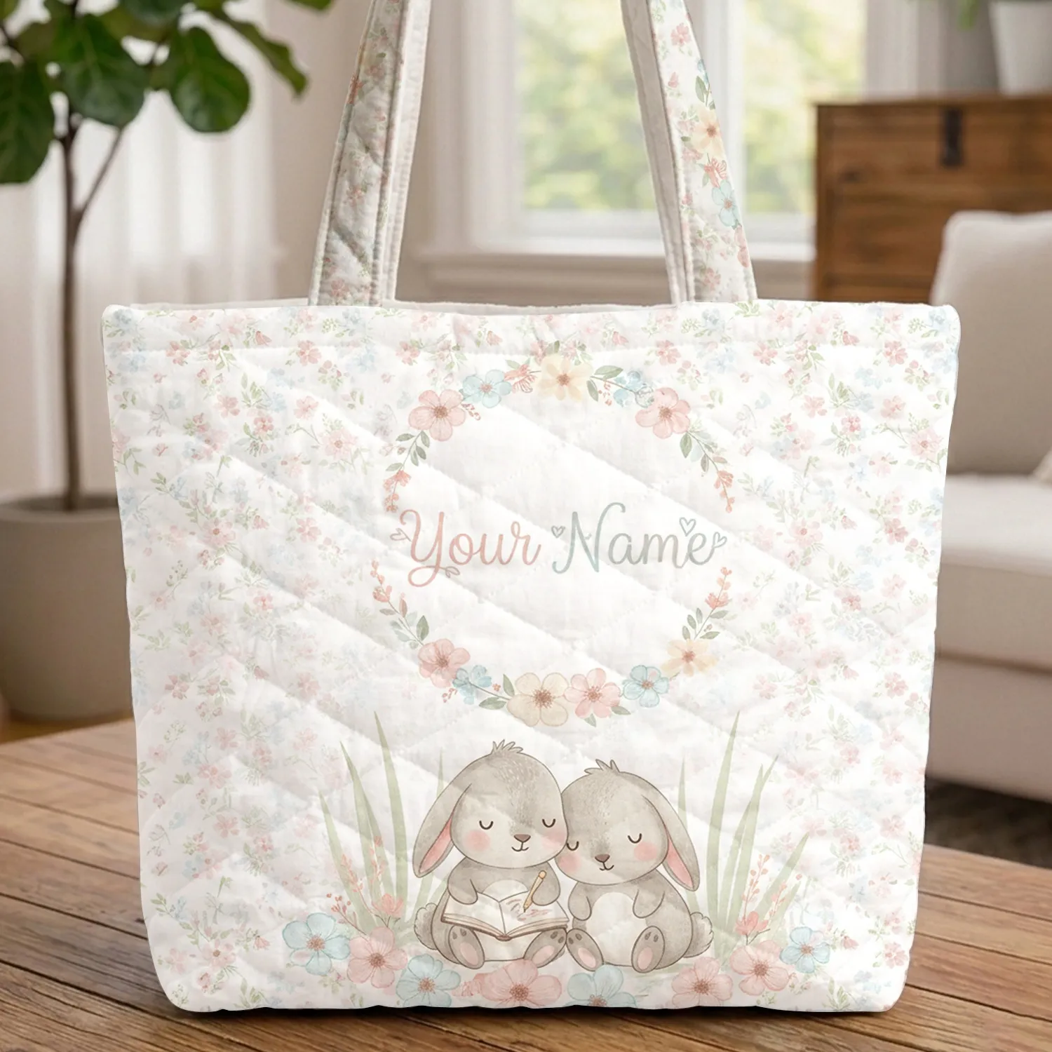Sketching Bunnies Wildflower Wreath Personalized Name - Everyday Carry Gift Quilted Tote Bag - 1