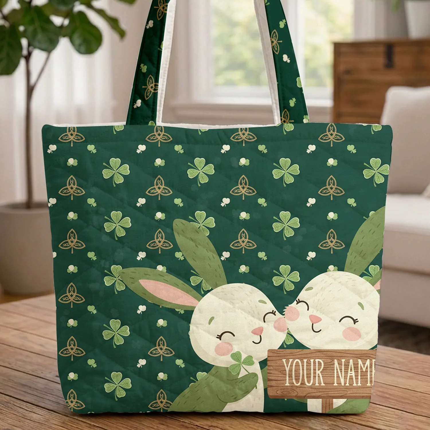 Two Nuzzling Forest Bunnies Shamrocks Golden Celtic Knot Wooden Name Sign - Wildlife Lover Gift Quilted Tote Bag - 1