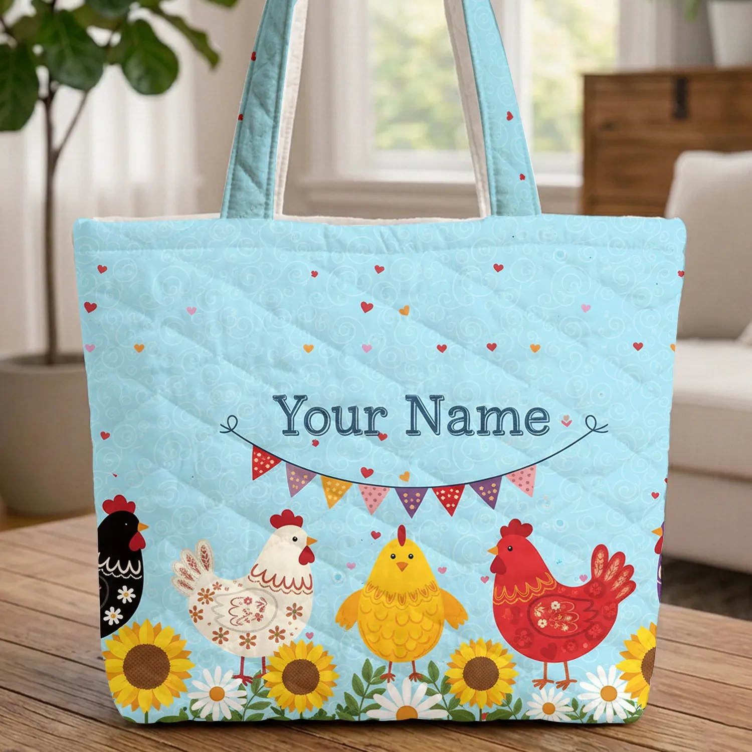 Five Chickens Sunflower Daisy Garden Your Name Bunting - Chicken Lover Gift Quilted Tote Bag - 1
