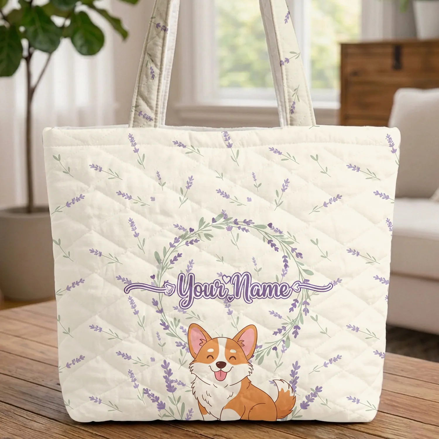 Corgi Puppy Lavender Floral Wreath - Dog Lover Everyday Gift Quilted Tote Bag - 1
