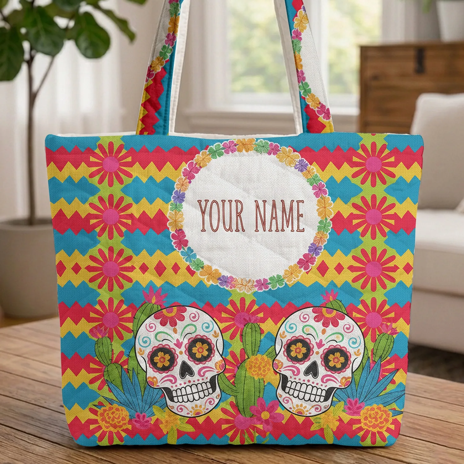 Mexican Folk Art Sugar Skulls Cacti Desert Flowers Name Wreath - Everyday Use Gift Quilted Tote Bag - 1