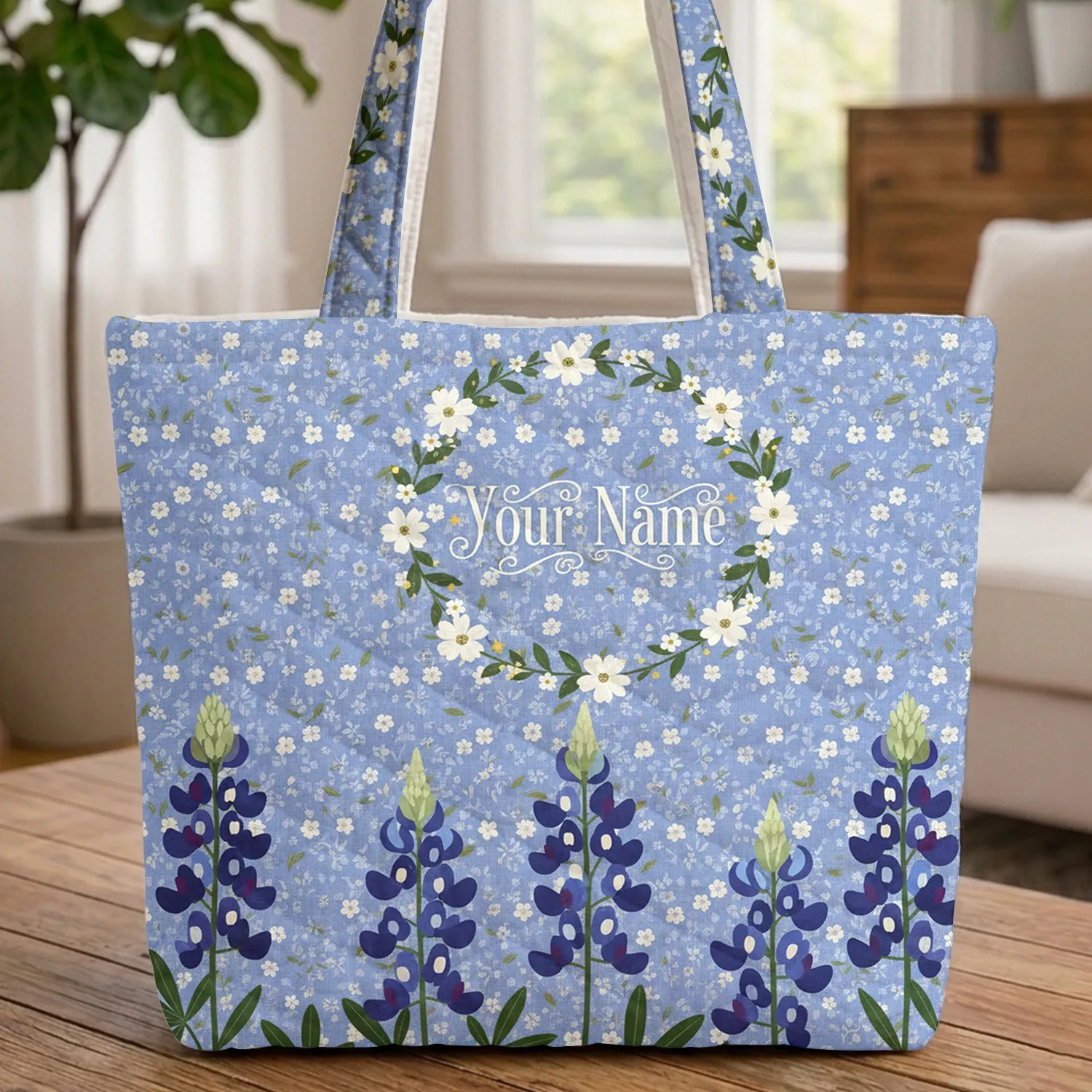 Bluebonnet Wildflowers Floral Wreath Swirling Leaves Your Name - Botanical Home Decor Gift Quilted Tote Bag - 1