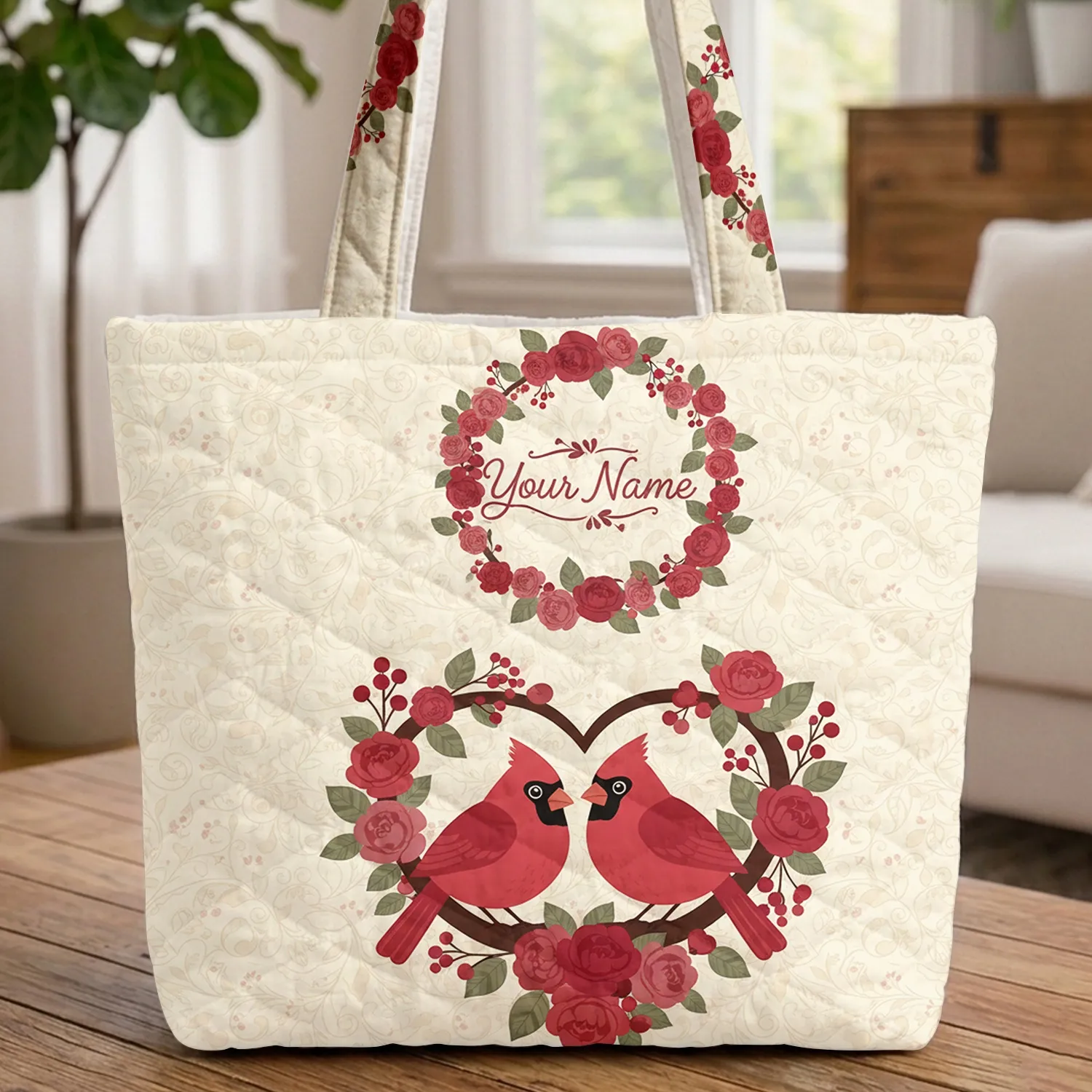 Cardinals Red Roses Berries Heart Branch Floral Wreath - Nature Lovers Everyday Gift Quilted Tote Bag - 1