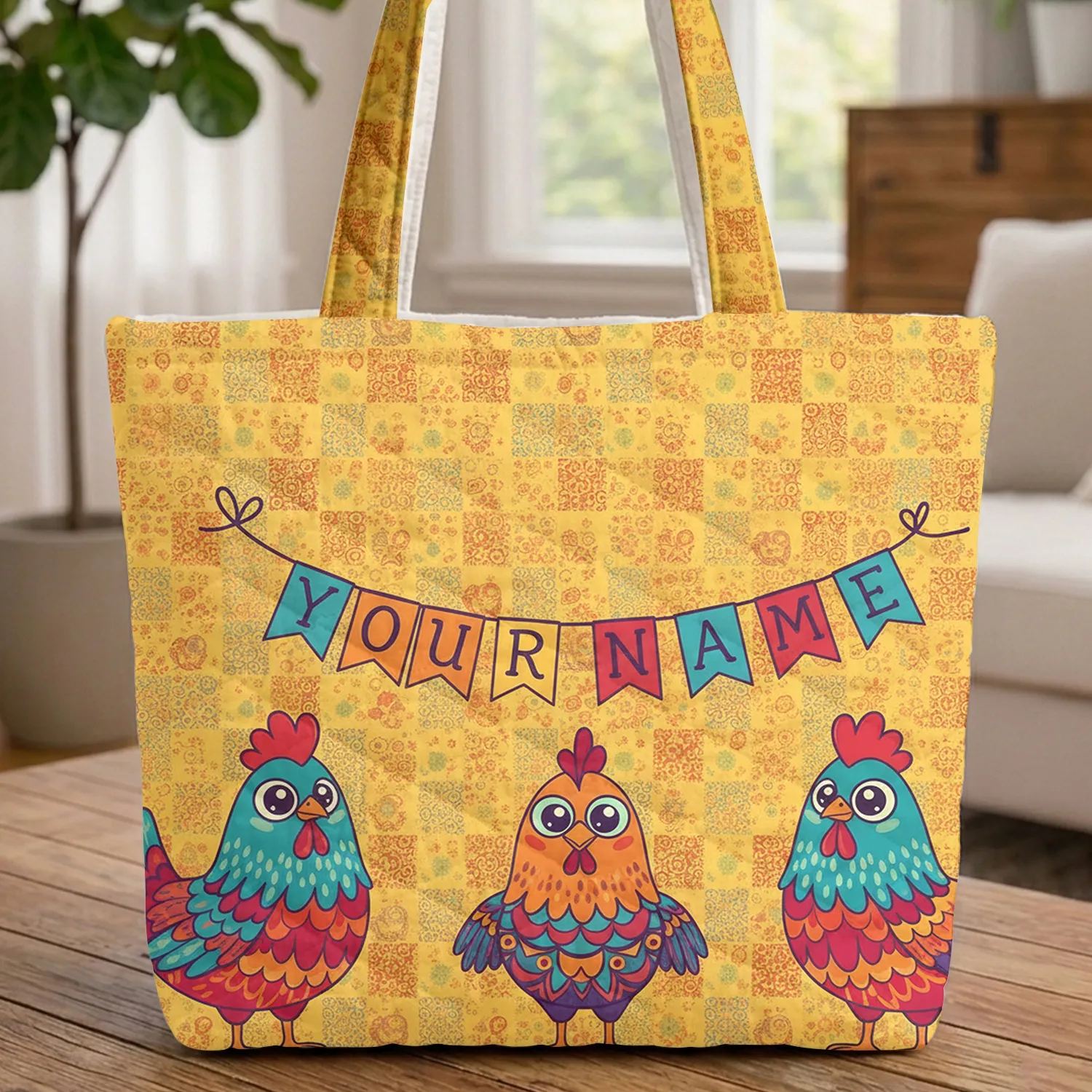 Geometric Floral Chickens Your Name - Everyday Accessory for Chicken Lover Quilted Tote Bag - 1