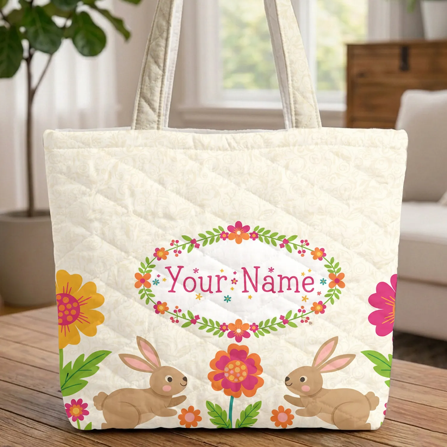 Playing Bunnies Folk Art Flowers Swirling Leaves - Everyday Bunny Lover Gift Quilted Tote Bag - 1