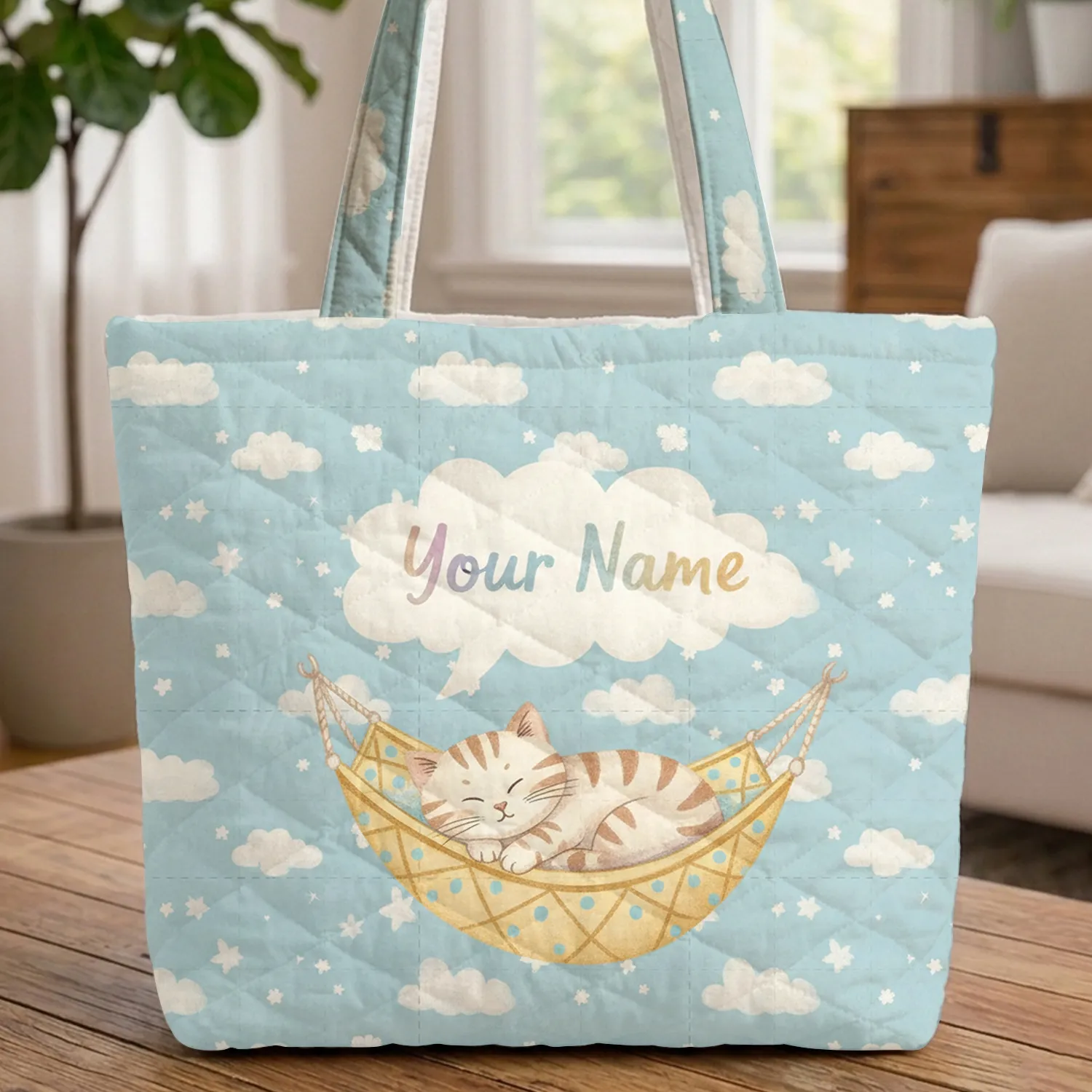 Sleeping Tabby Cat Hammock Cloud Speech Bubble - Personalized Cat Lover Everyday Gift Quilted Tote Bag - 1