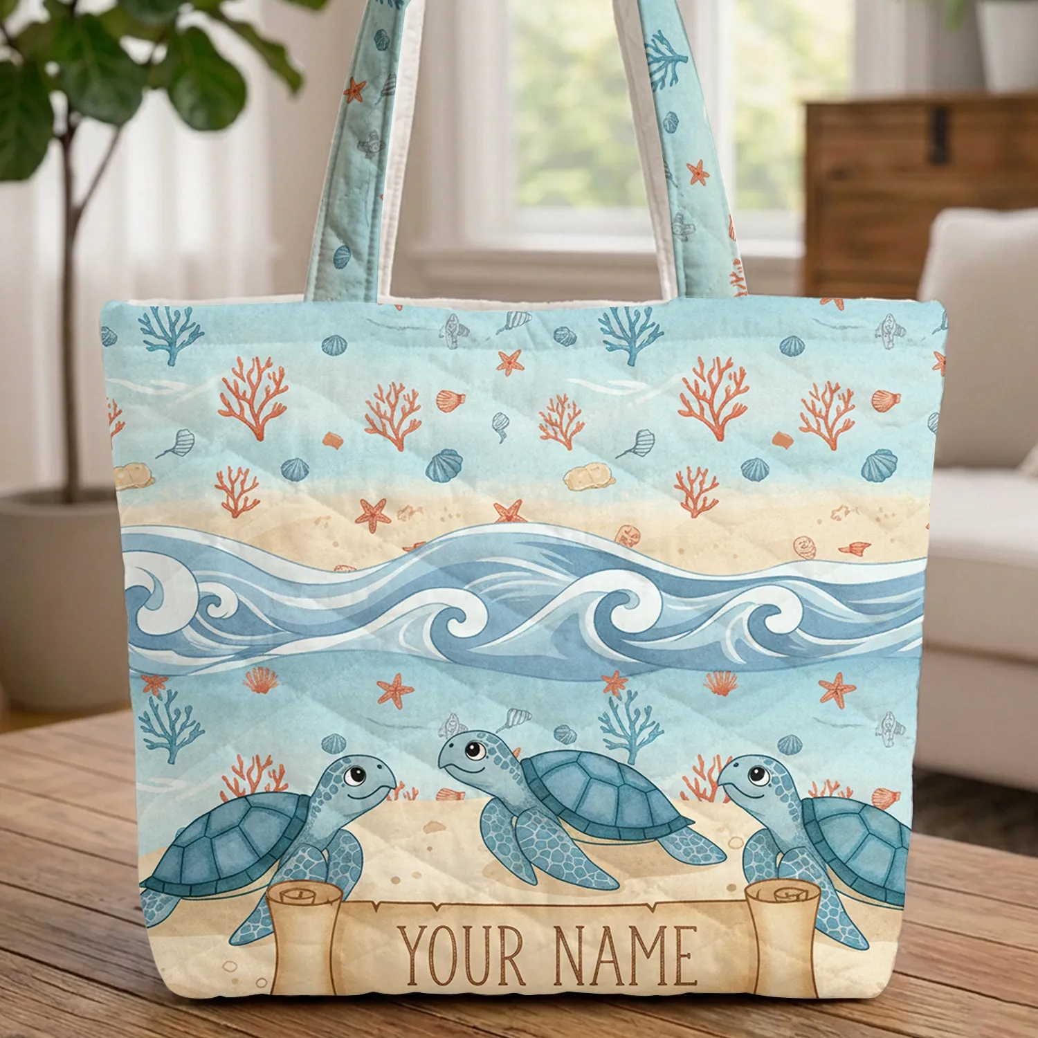 Sea Turtles Coastal Ocean Waves Seashells - Ocean Lover Gift Quilted Tote Bag - 1