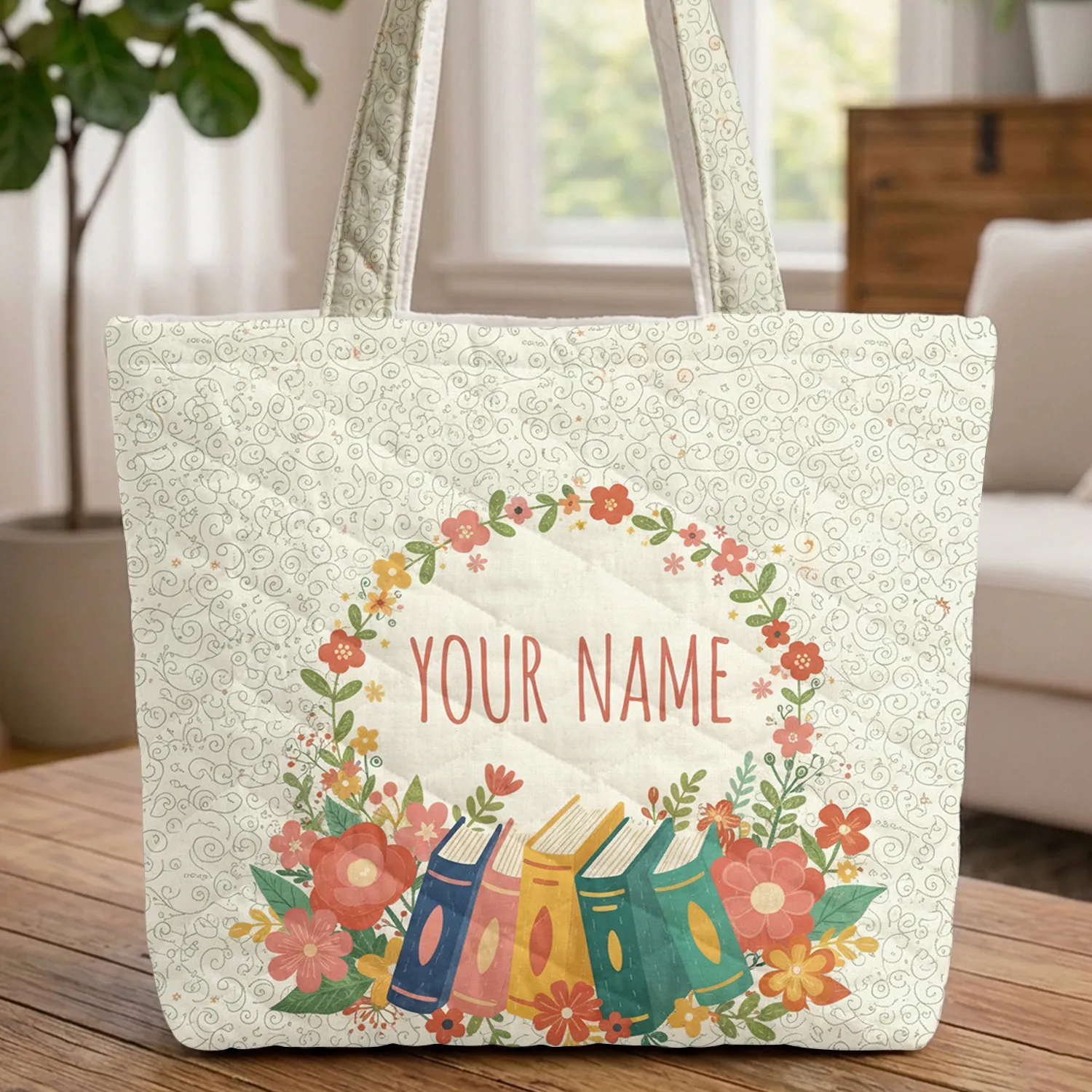 Books Flowers Lush Leaves Wreath Swirling Vines - Reading Lover Gift for Bookworm Quilted Tote Bag - 1