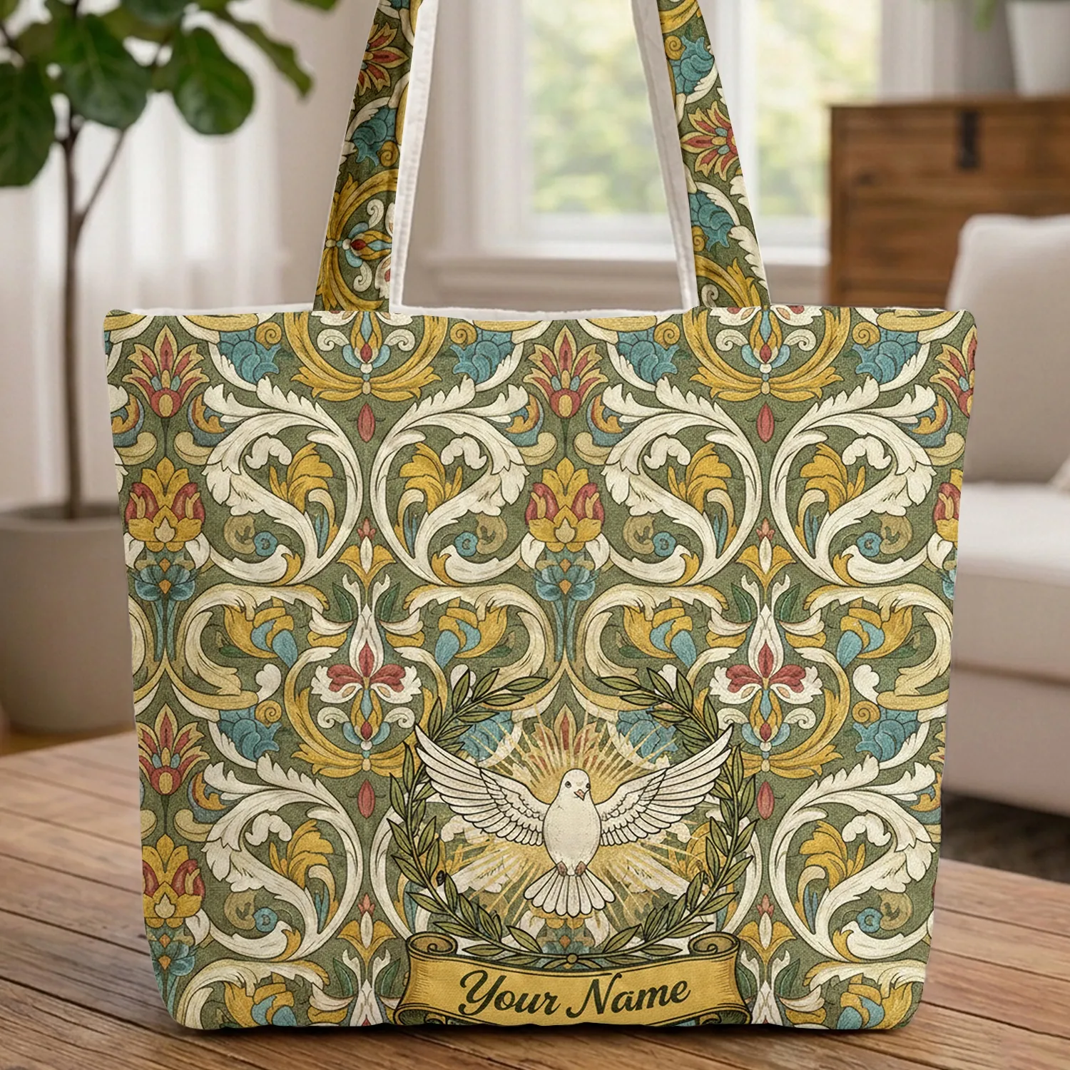 Dove Olive Wreath Classic Botanical Scrolling Leaves Scroll - Everyday Tote Quilted Tote Bag - 1