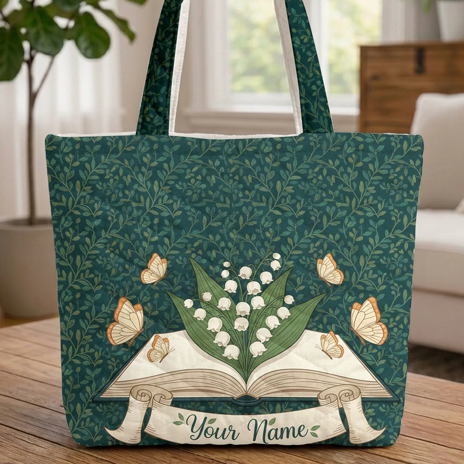 Open Book Lily of the Valley Butterflies Botanical Vines - Everyday Tote Gift for Her Quilted Tote Bag - 1