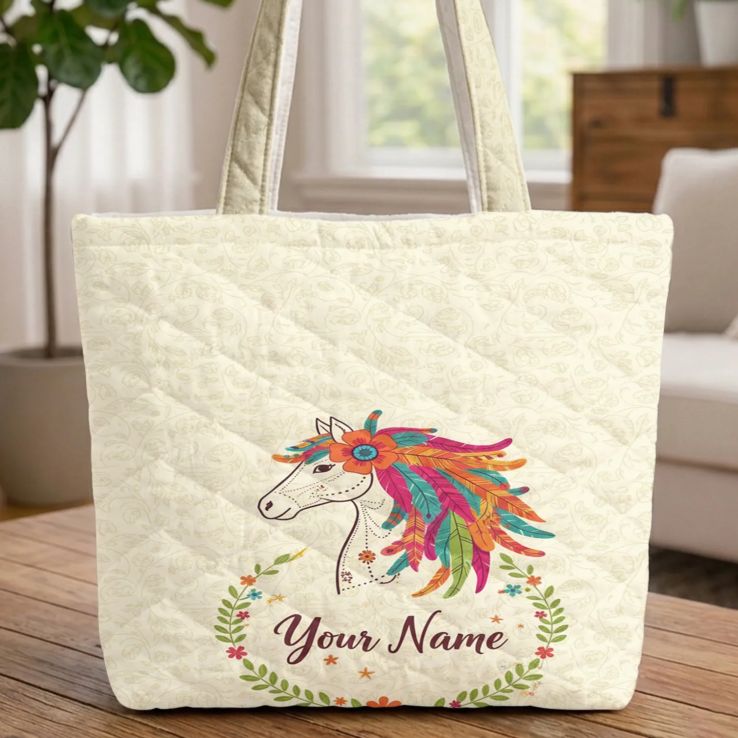Folk Art Horse Head Personalized Name Floral Wreath Boho Lifestyle Horse Lover Gift Quilted Tote Bag - 1
