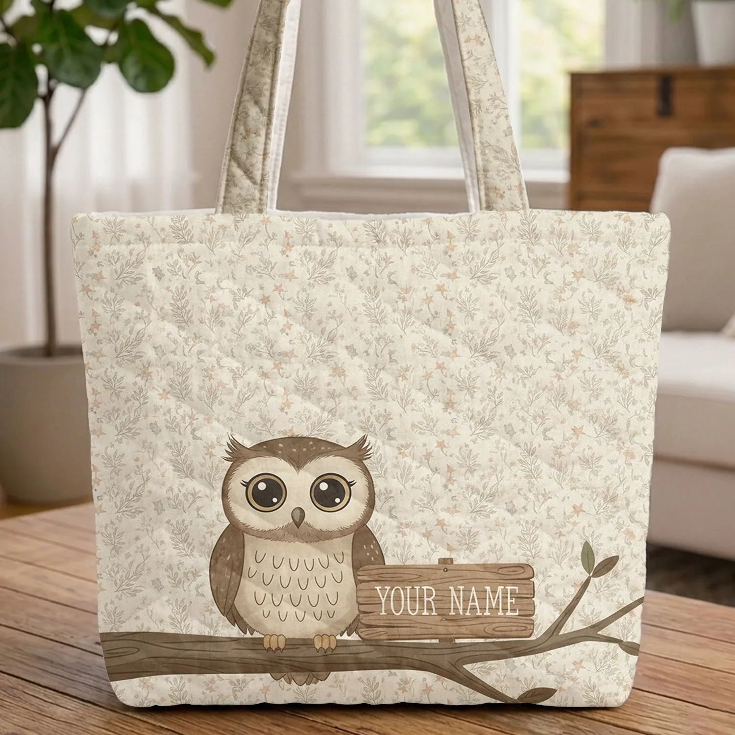 Owl Wooden Sign Tree Branch Celestial Stars Moon Leaf Vine - Wildlife Lover Everyday Carry Gift Quilted Tote Bag - 1