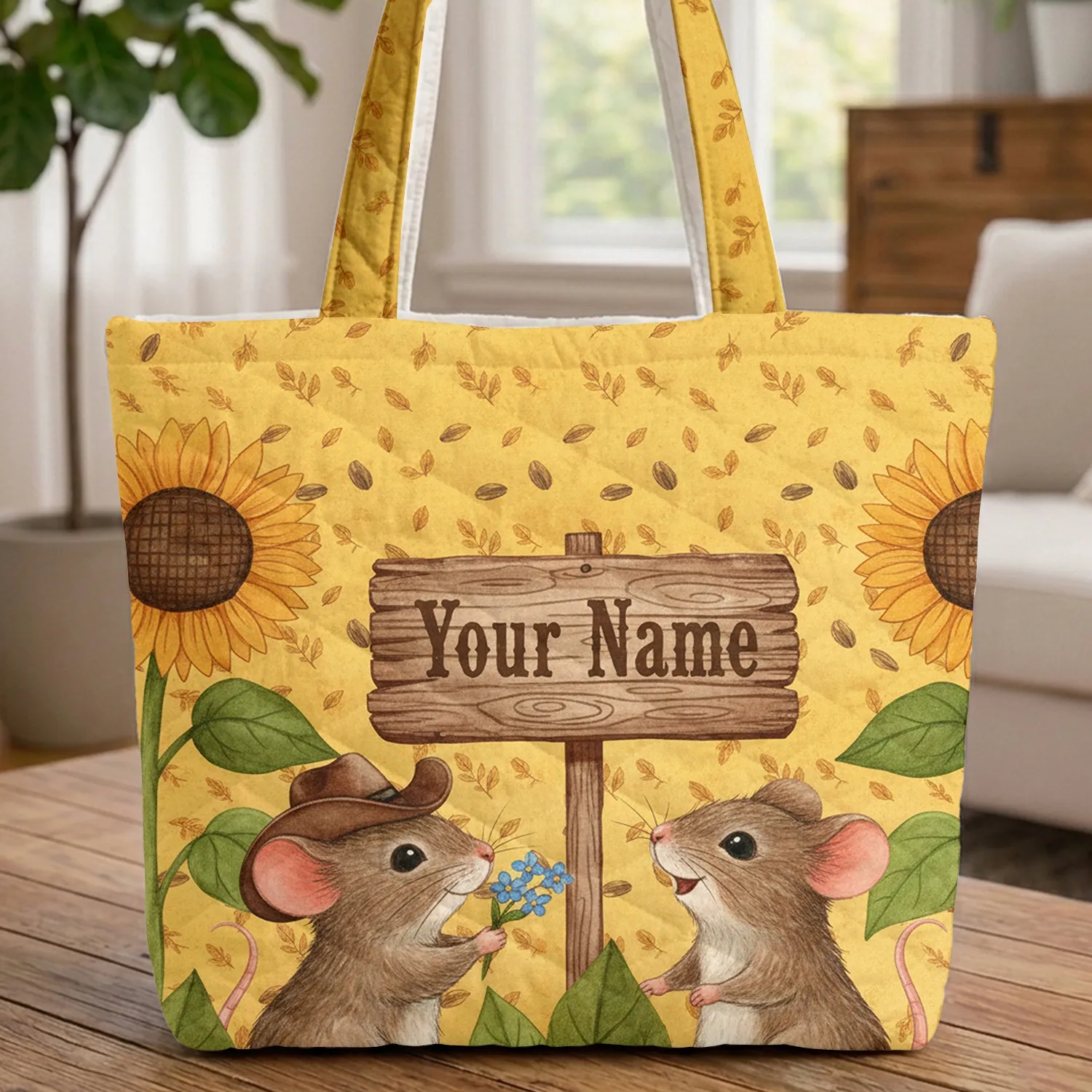 Adorable Field Mice Offering Flower Sunflower Rustic Sign - Nature Lover Everyday Tote Gift Quilted Tote Bag - 1
