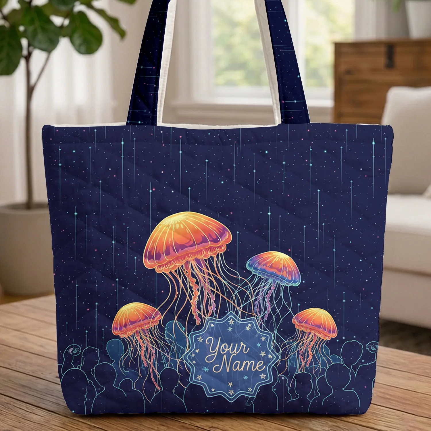 Glowing Jellyfish Starry Ocean - Ocean Lover Everyday Carry Gift Quilted Tote Bag - 1