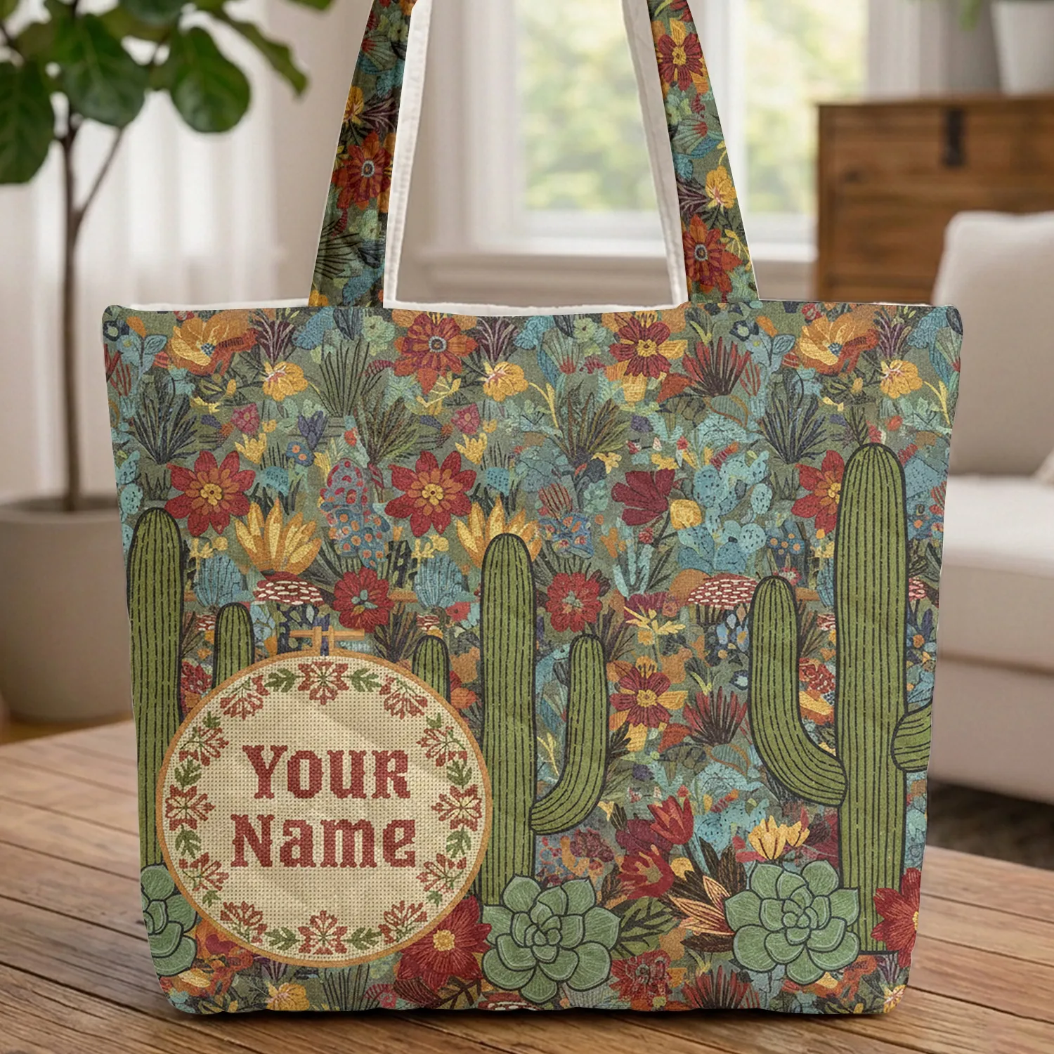 Saguaro Cacti Desert Wildflower Personalized Folk Art Southwestern Home Decor Gift Quilted Tote Bag - 1