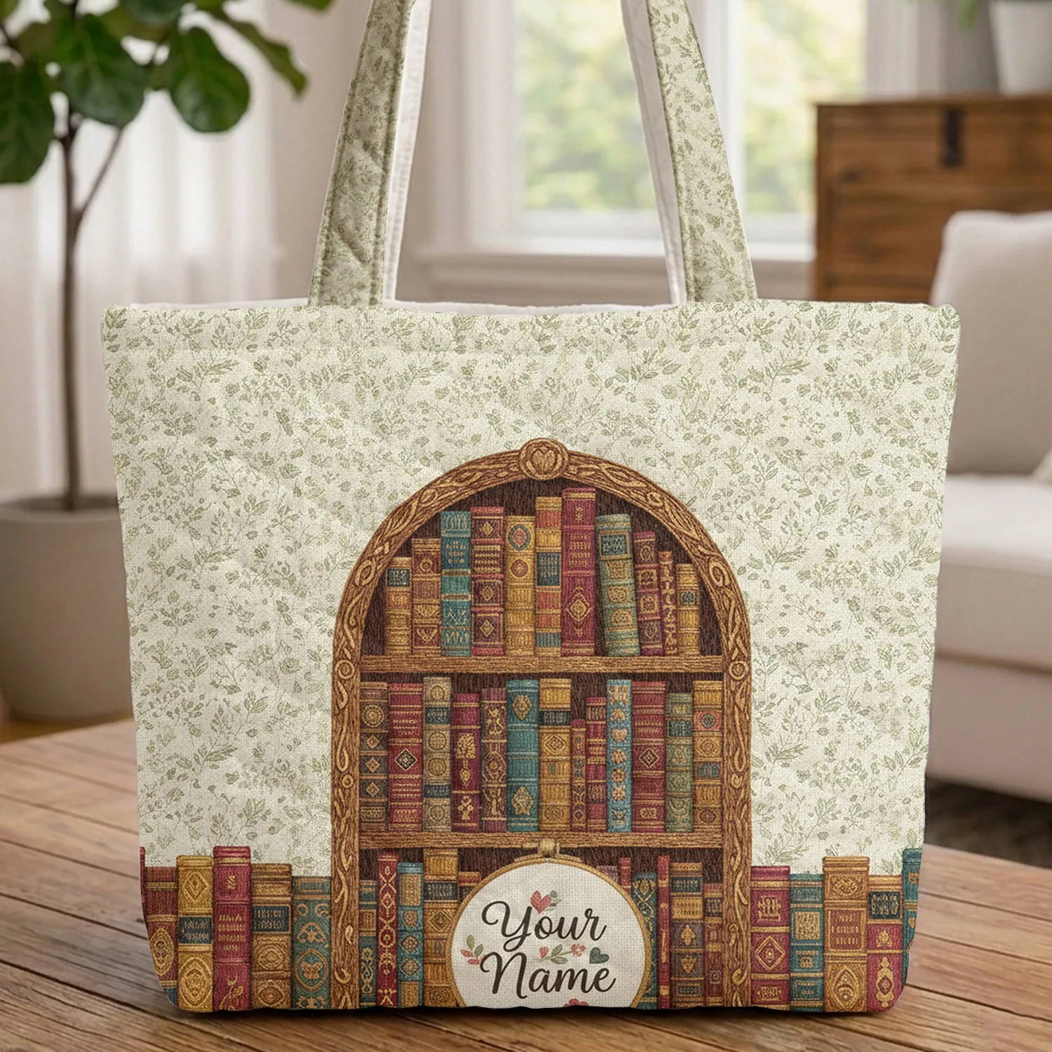Arched Bookshelf Hoop - Book Lover Gift for Readers Quilted Tote Bag - 1