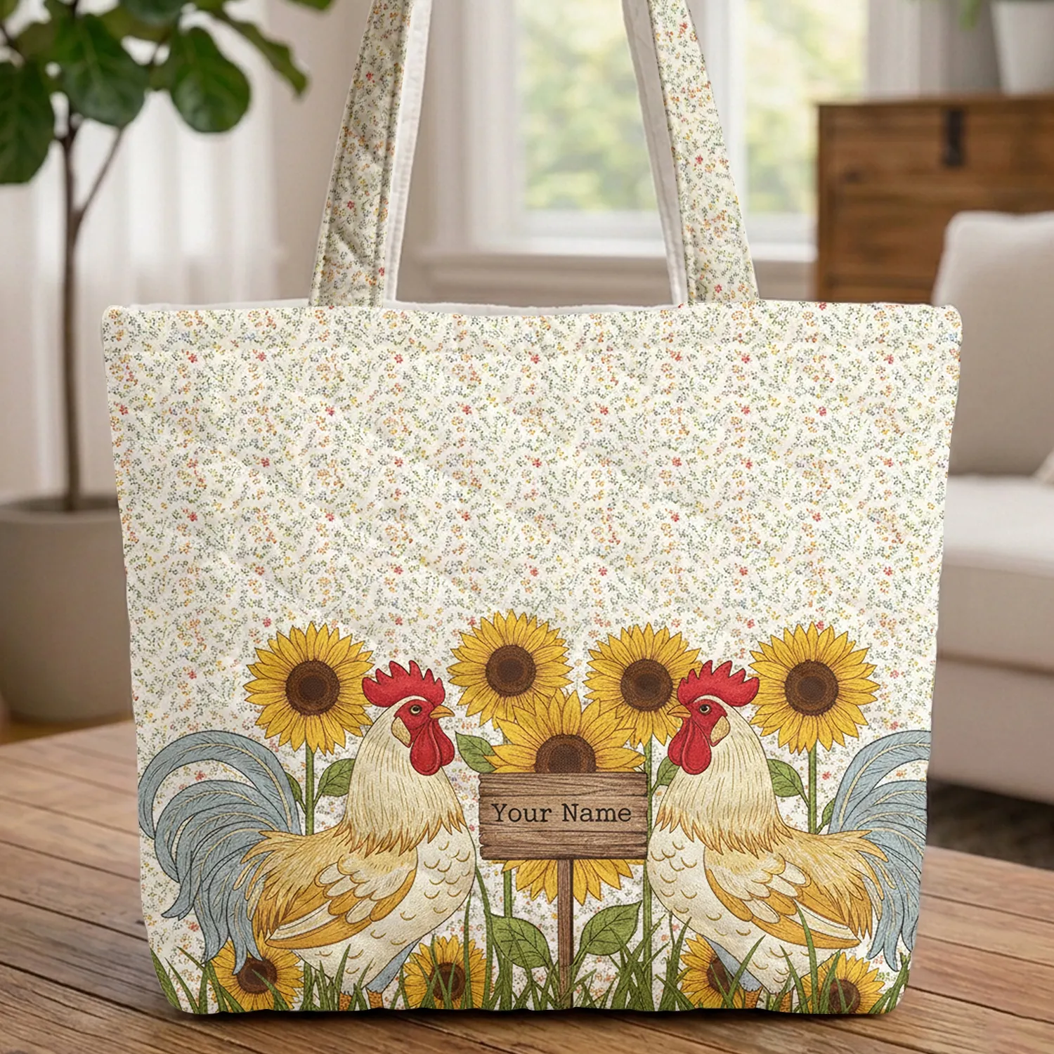 Personalized Rooster Sunflowers Wildflower - Farmhouse Home Decor Gift Quilted Tote Bag - 1