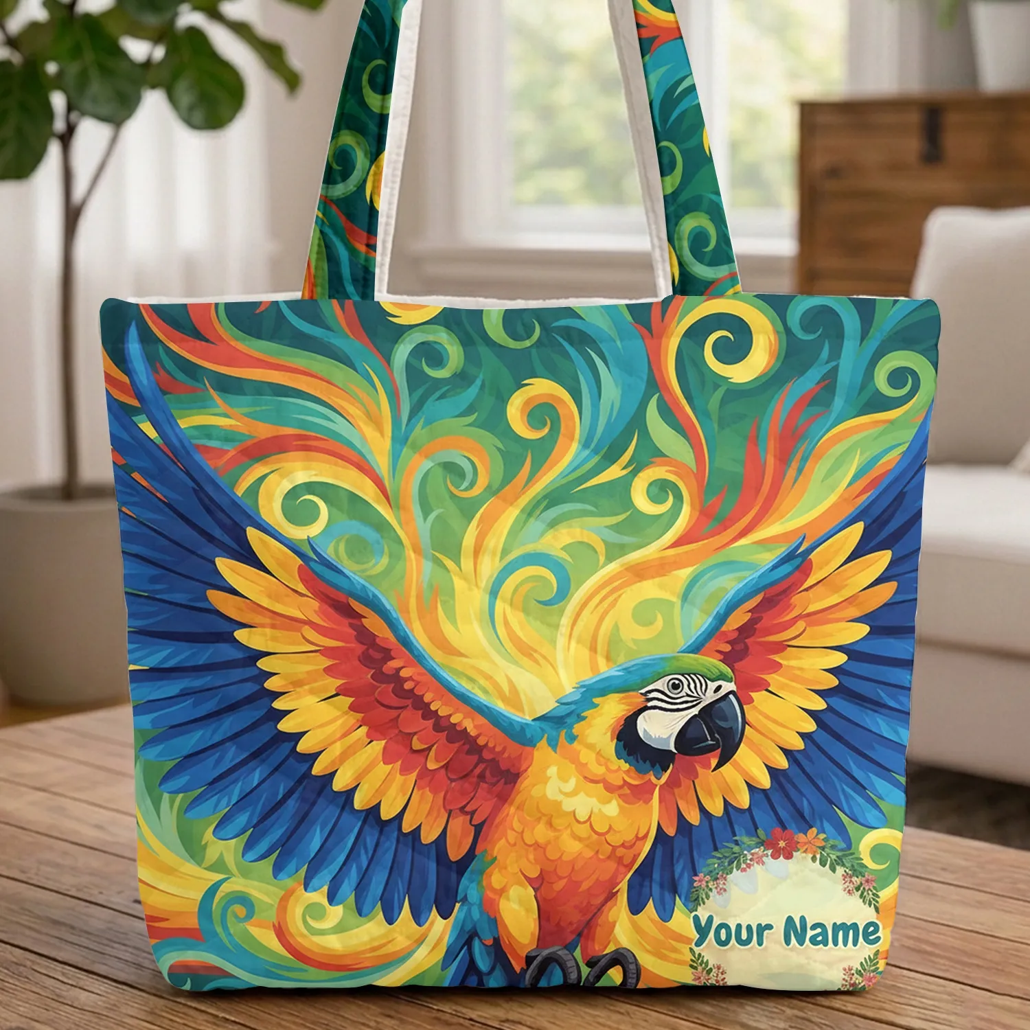 Majestic Macaw Tropical Swirl Floral Wreath - Tropical Lifestyle Gift Quilted Tote Bag - 1