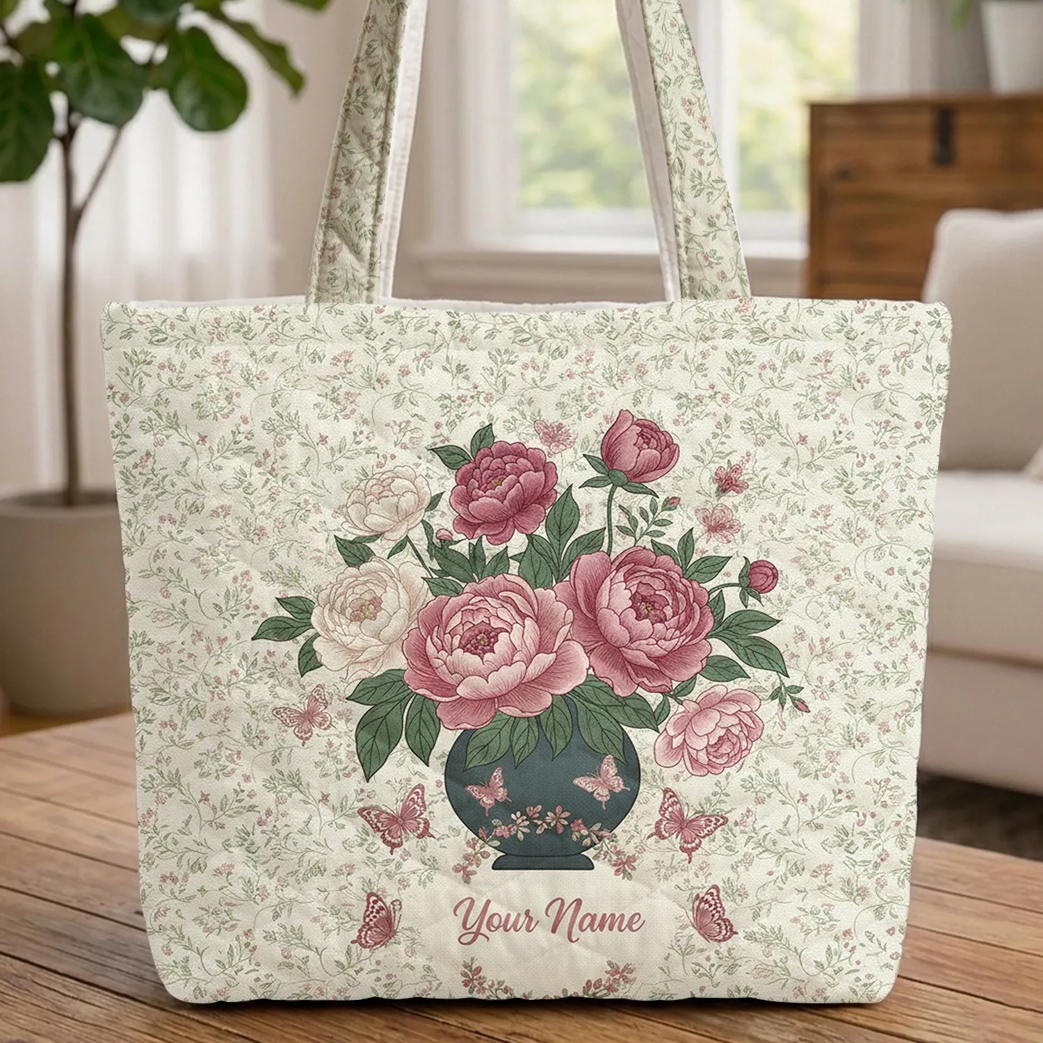 Peony Bouquet Vase Butterflies Trailing Vine Floral Wreath - Everyday Tote for Her Quilted Tote Bag - 1