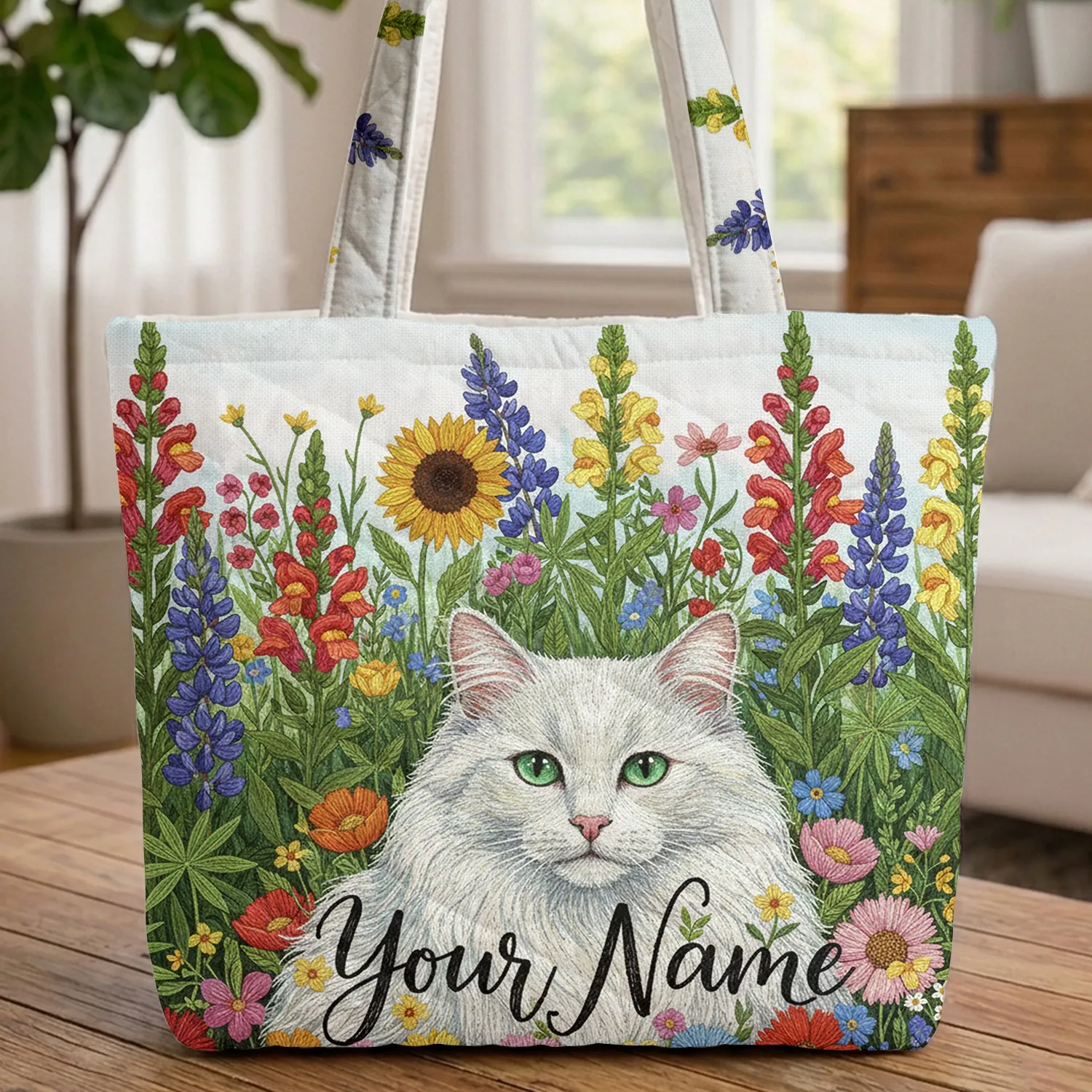 White Cat Floral Wildflower Garden Snapdragon Sunflower - Personalized Cat Lover Gift Quilted Tote Bag - 1