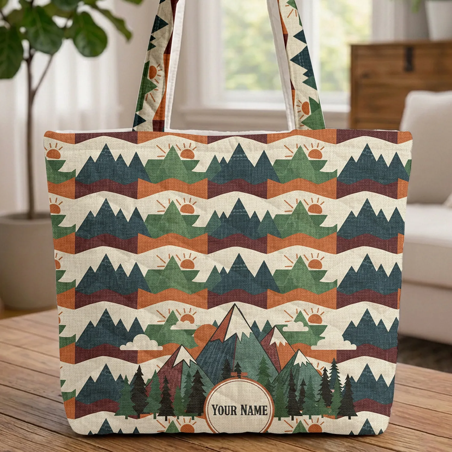 Name Geometric Mountain Sun - Everyday Tote Gift Quilted Tote Bag - 1