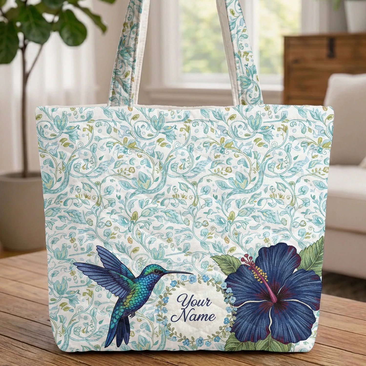 Iridescent Hummingbird Hibiscus Swirling Botanical Vines Leaves - Everyday Use Gift Quilted Tote Bag - 1