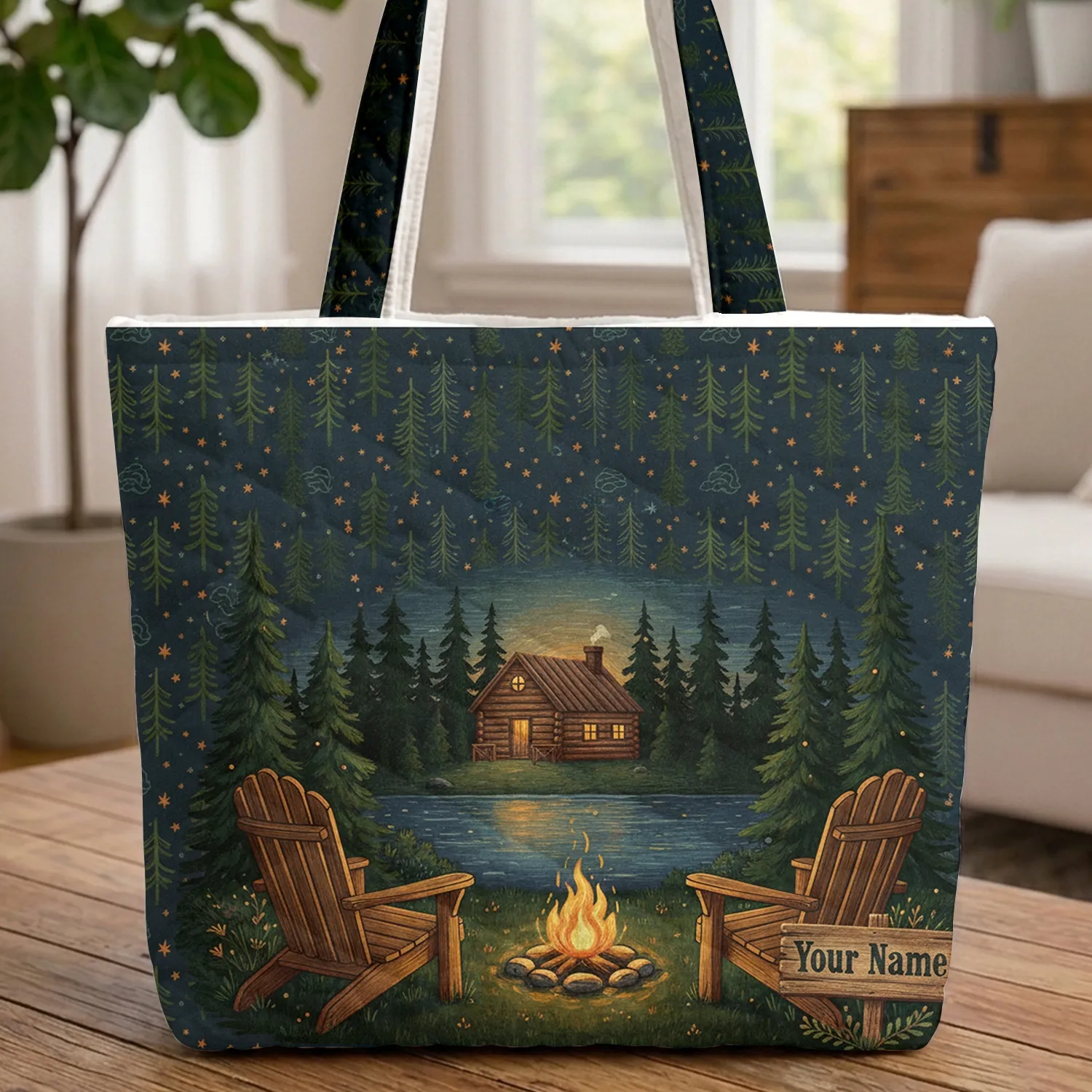 Adirondack Chairs Campfire Cabin Lake Scene Name Sign - Outdoors Home Decor Gift Quilted Tote Bag - 1
