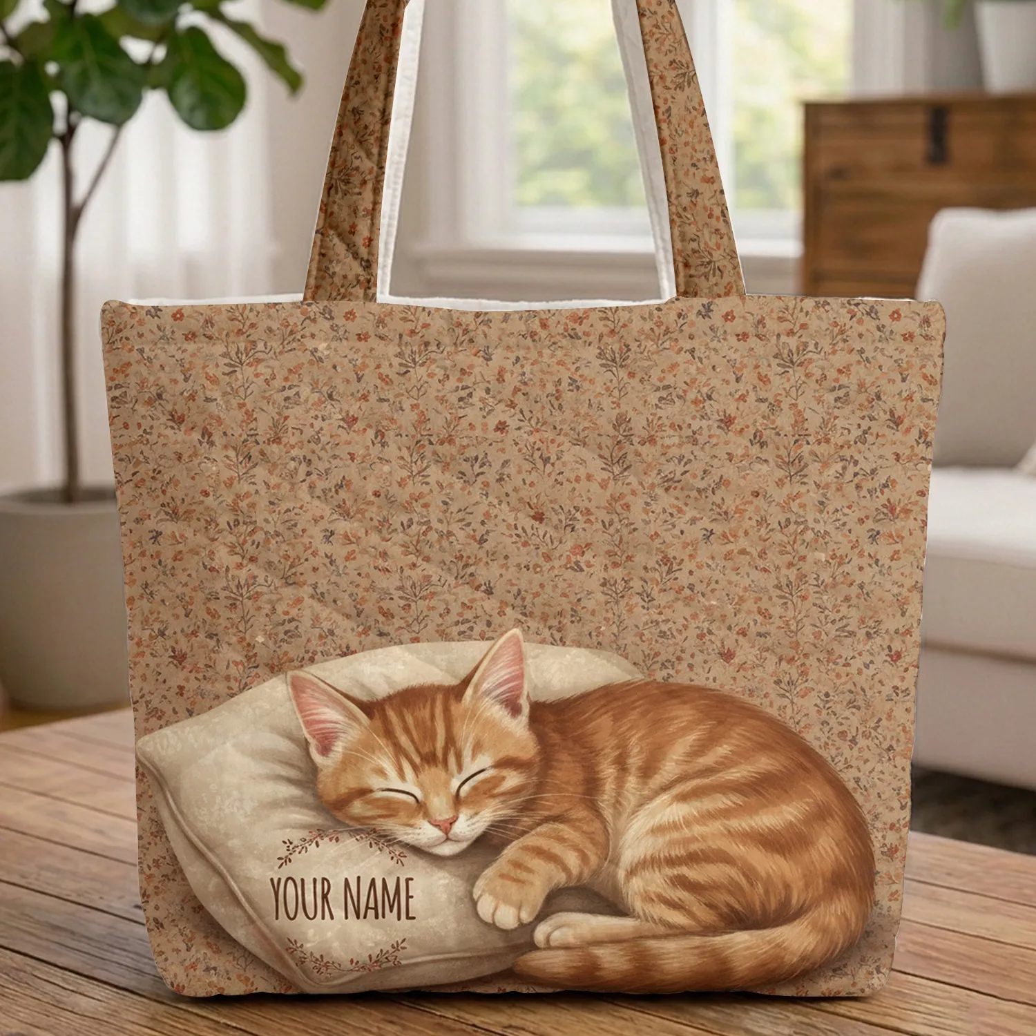 Sleeping Ginger Tabby Kitten Rustic Floral - Cat Lover Gift Quilted Tote Bag - 1
