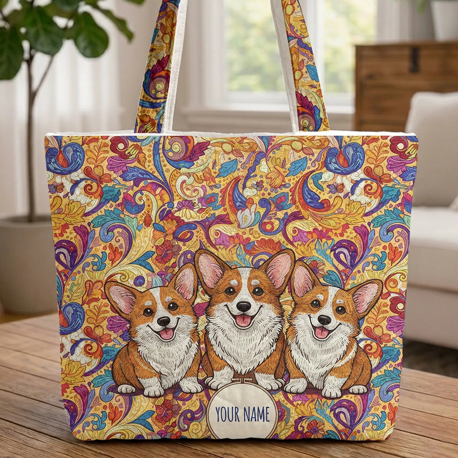 Pembroke Welsh Corgi Dogs Swirling Leaves Floral Butterflies Personalized Gift for Dog Lovers Quilted Tote Bag - 1