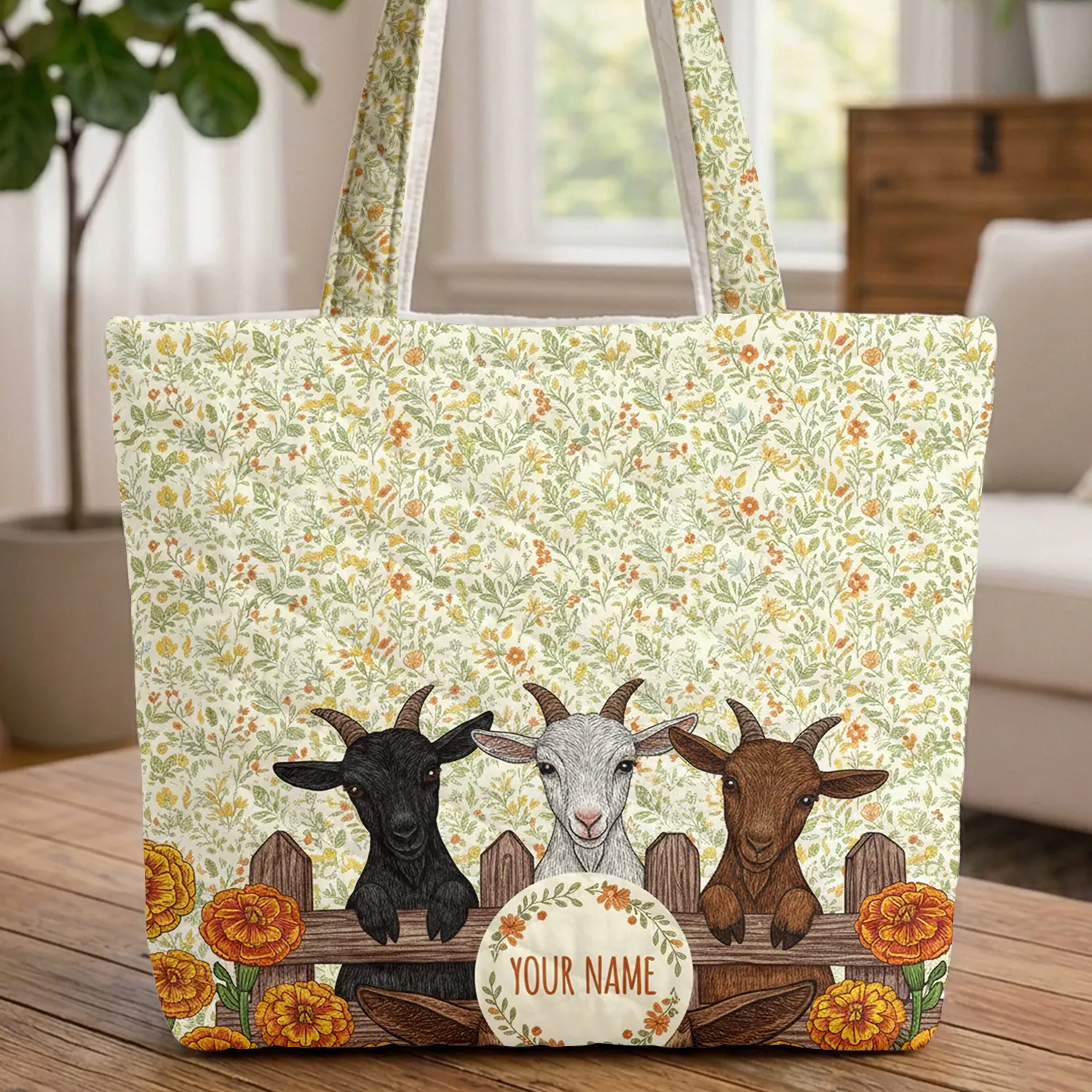 Goats Wildflower Marigold Fence - Everyday Tote for Goat Lover Quilted Tote Bag - 1