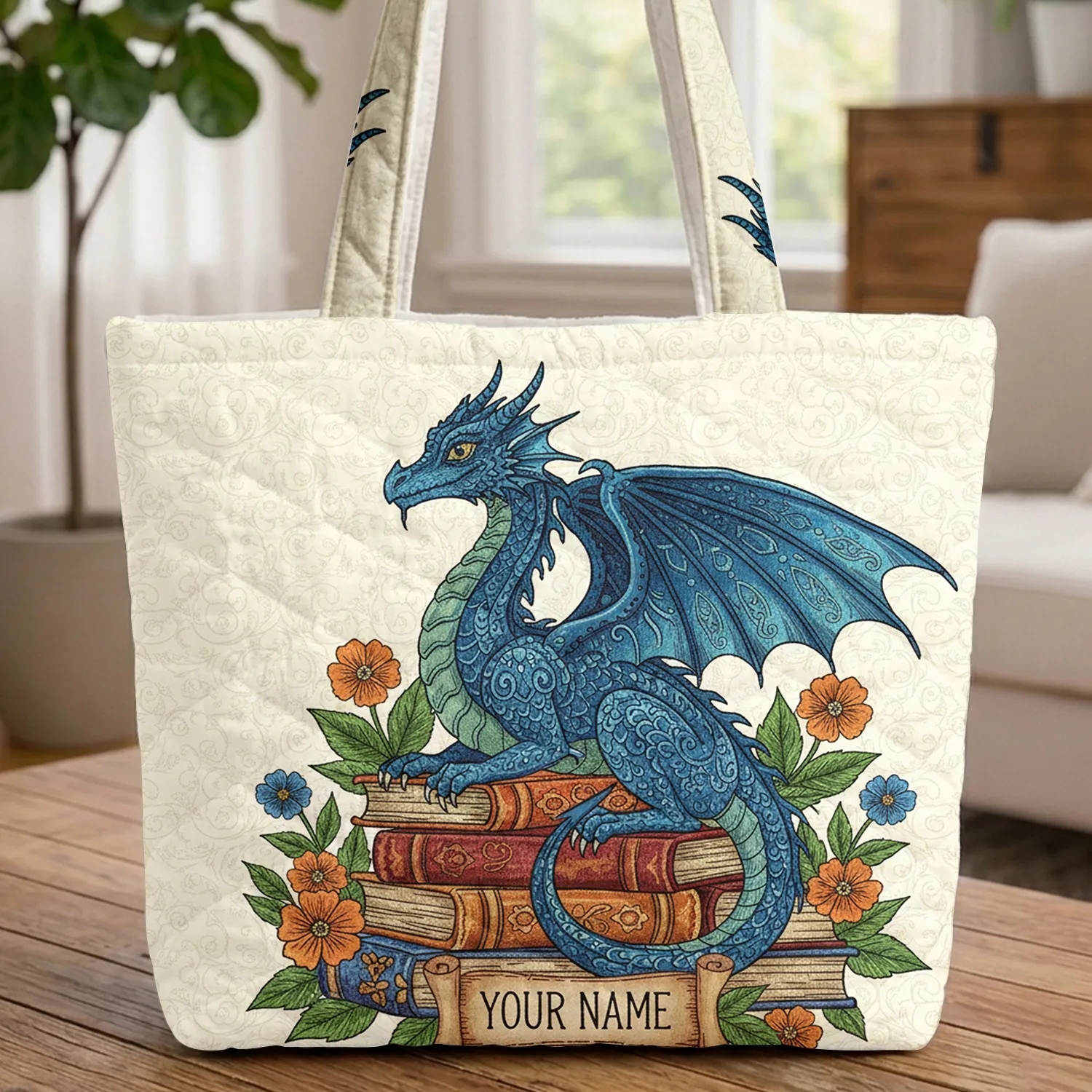 Majestic Blue Dragon Large Wings Antique Books Floral Vine - Fantasy Book Lover Gift Quilted Tote Bag - 1