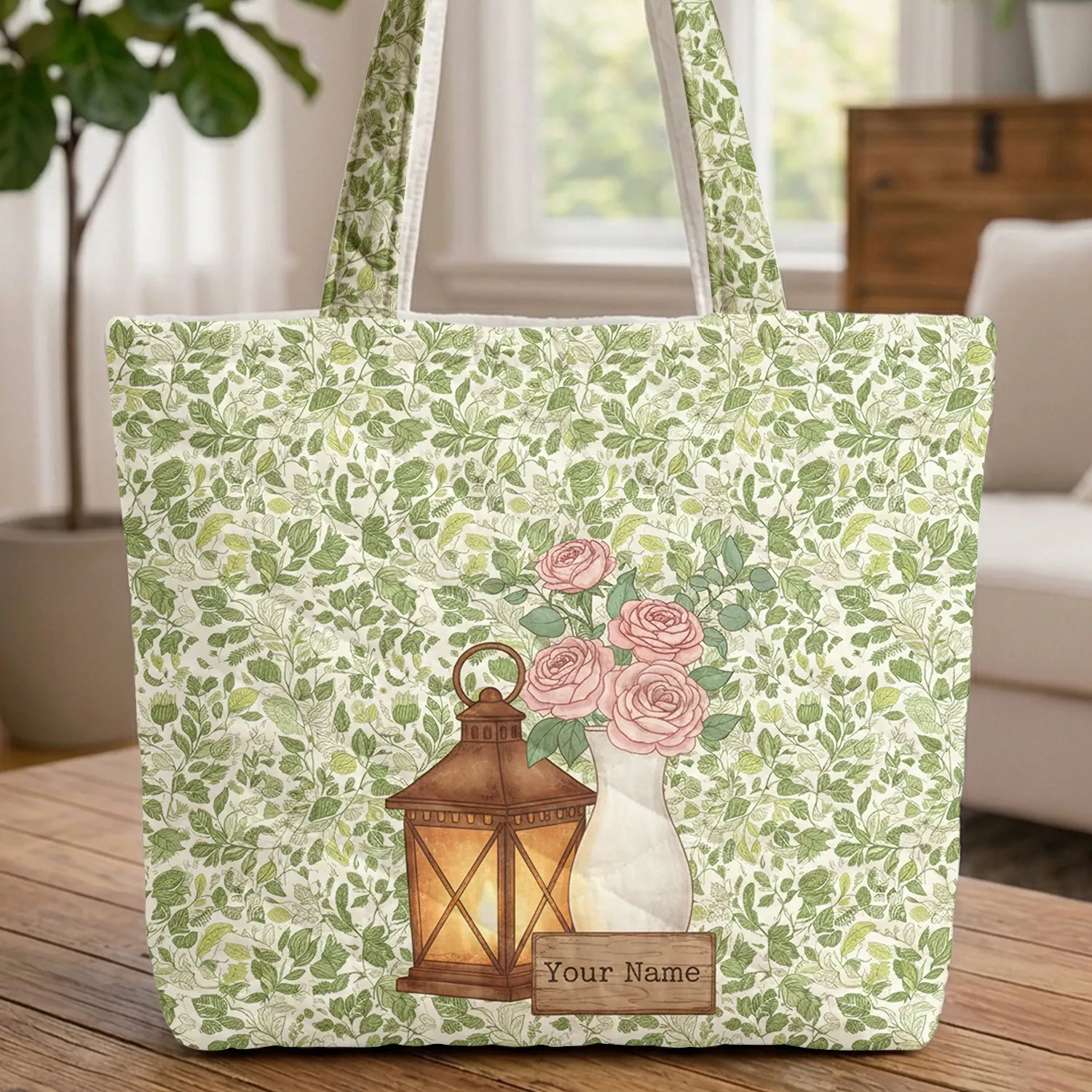 Forest Leaves Rustic Lantern Wildflowers Wooden Sign Farmhouse Home Decor Gift Quilted Tote Bag - 1