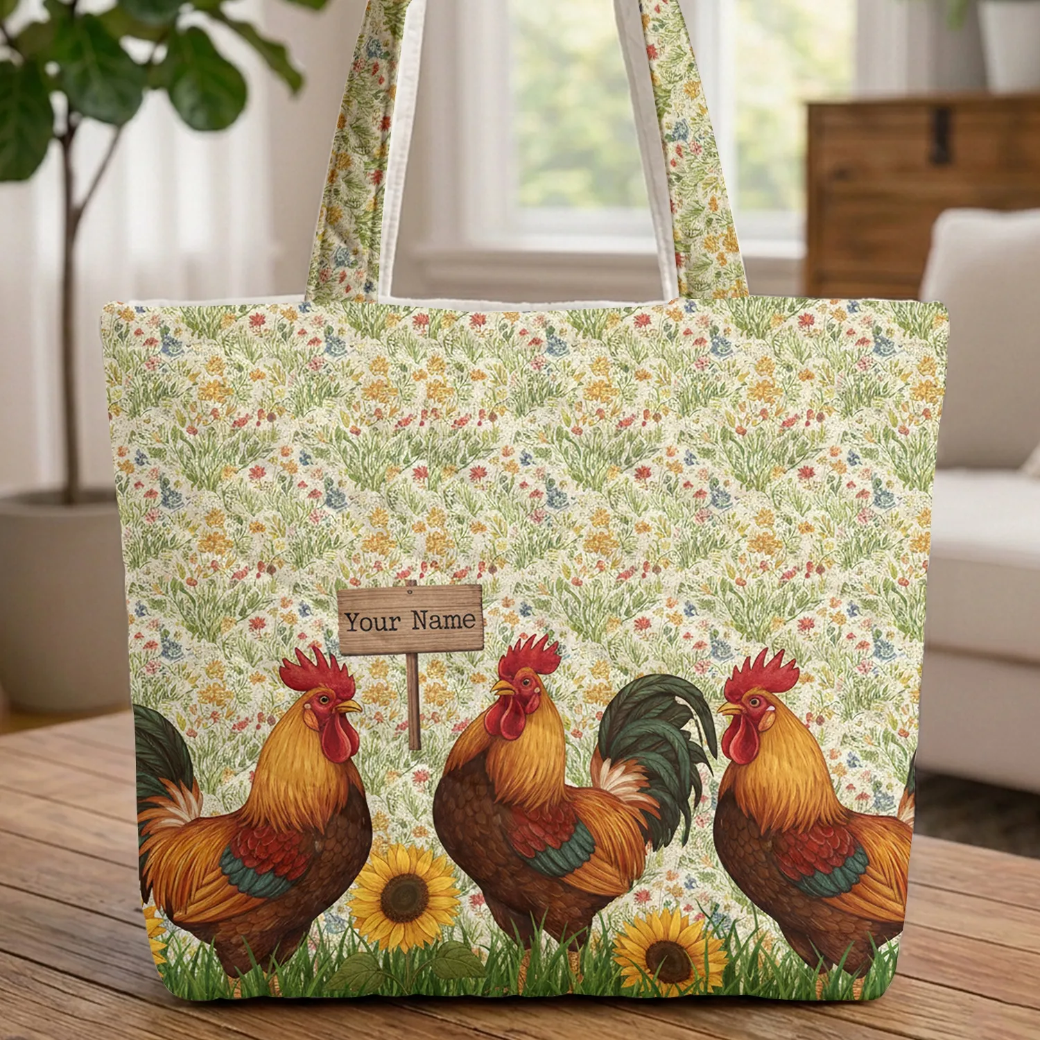 Proud Roosters Wildflower Meadow Sunflowers Farmhouse Decor Gift for Rooster Lover Quilted Tote Bag - 1