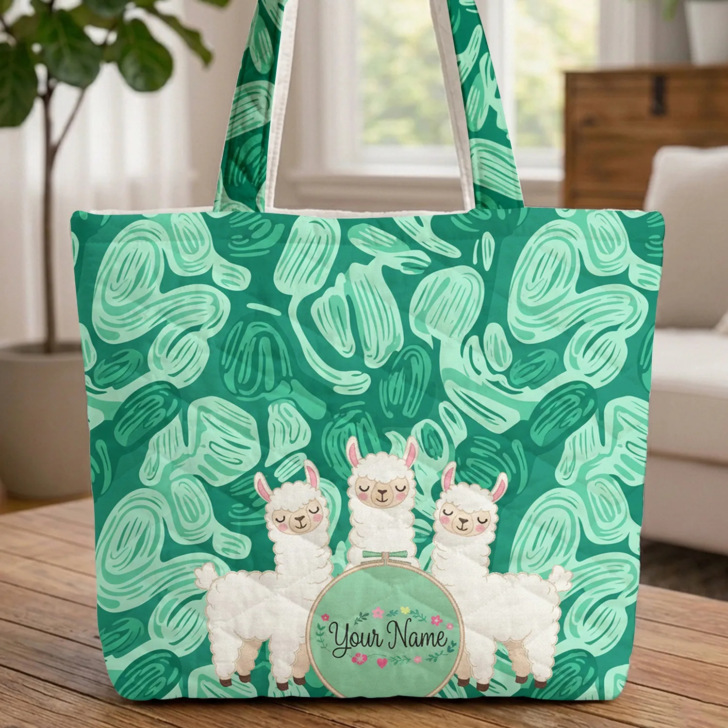 Organic Shapes Fluffy Llamas Personalized Name Hoop - Llama Lover Gift Quilted Tote Bag - 1